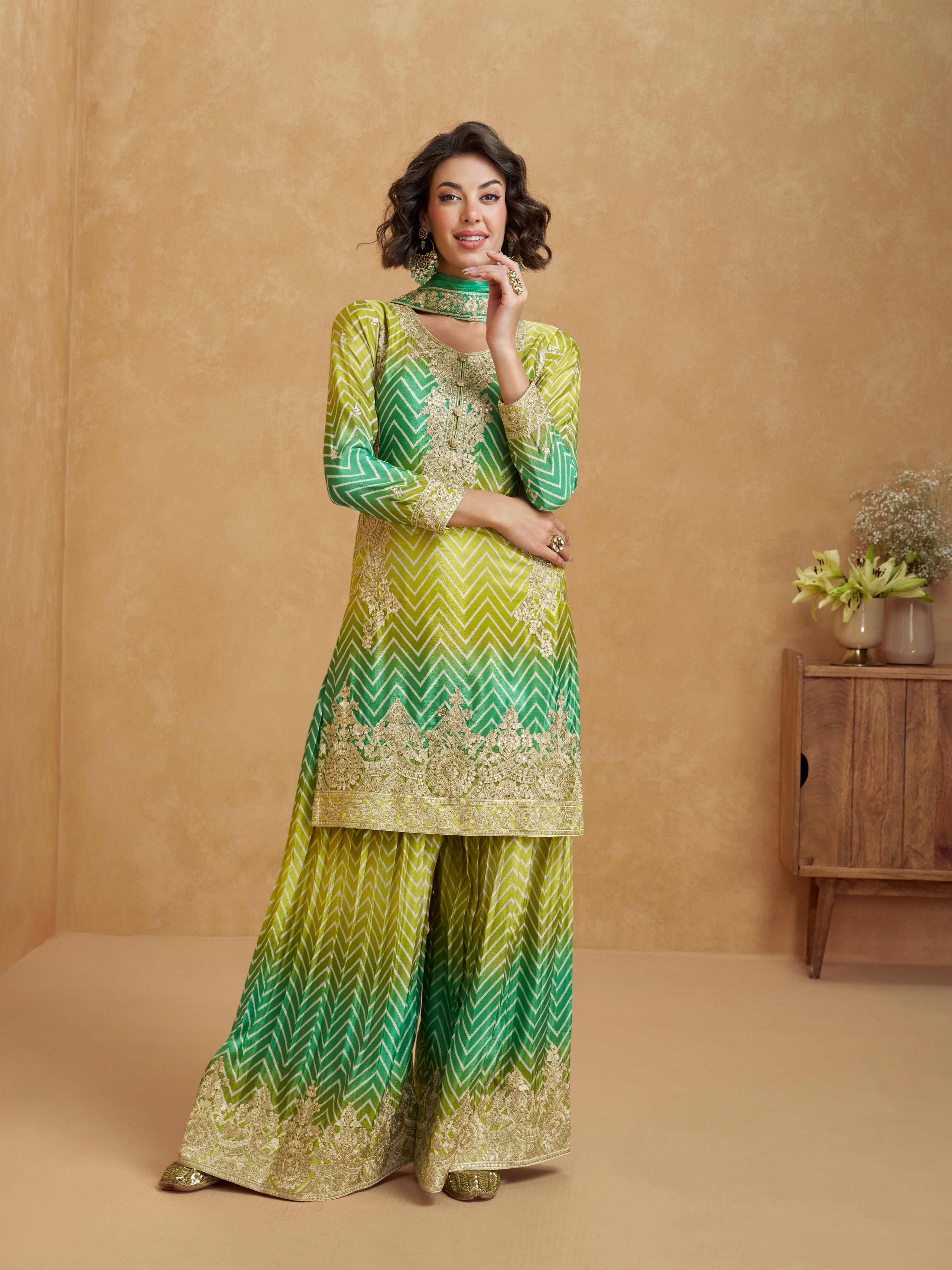 Lime Green & Yellow Ombre Chinnon Silk Palazzo Suit