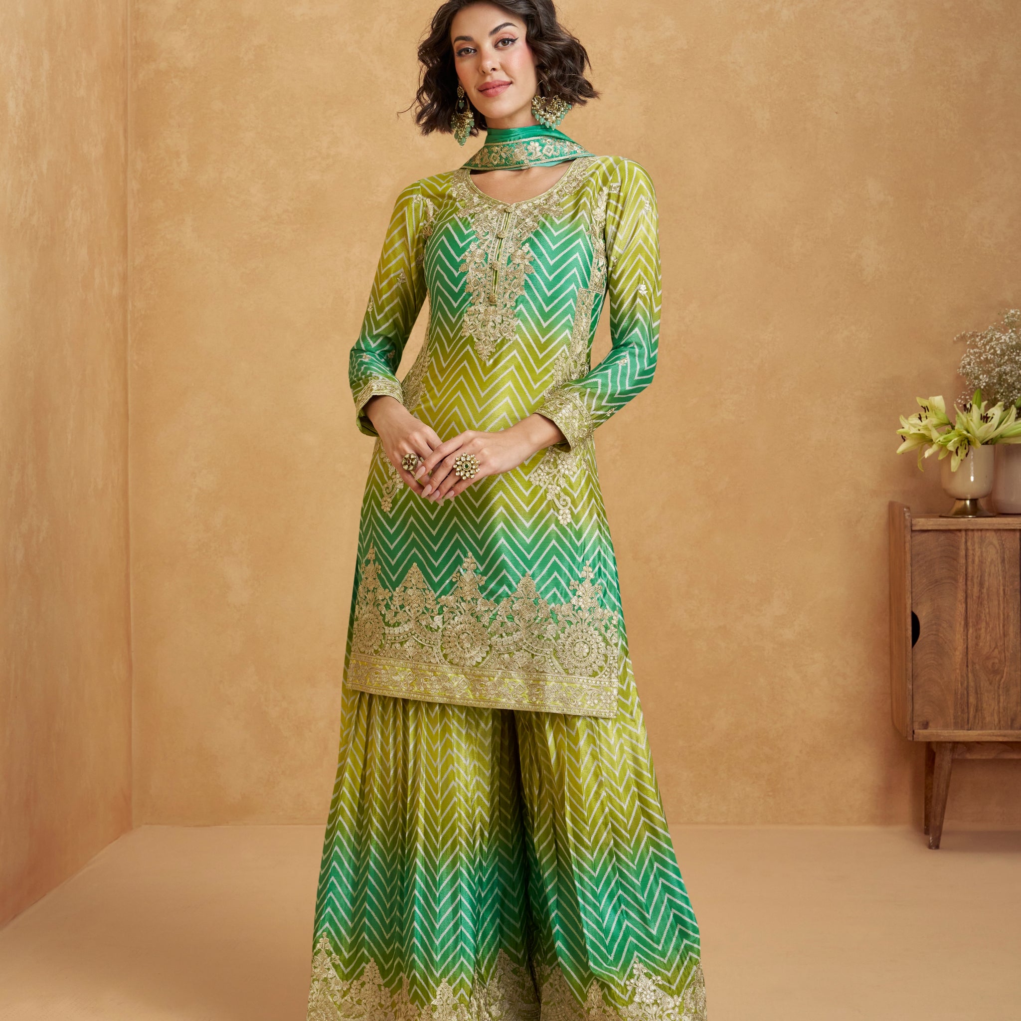 Lime Green & Yellow Ombre Chinnon Silk Palazzo Suit