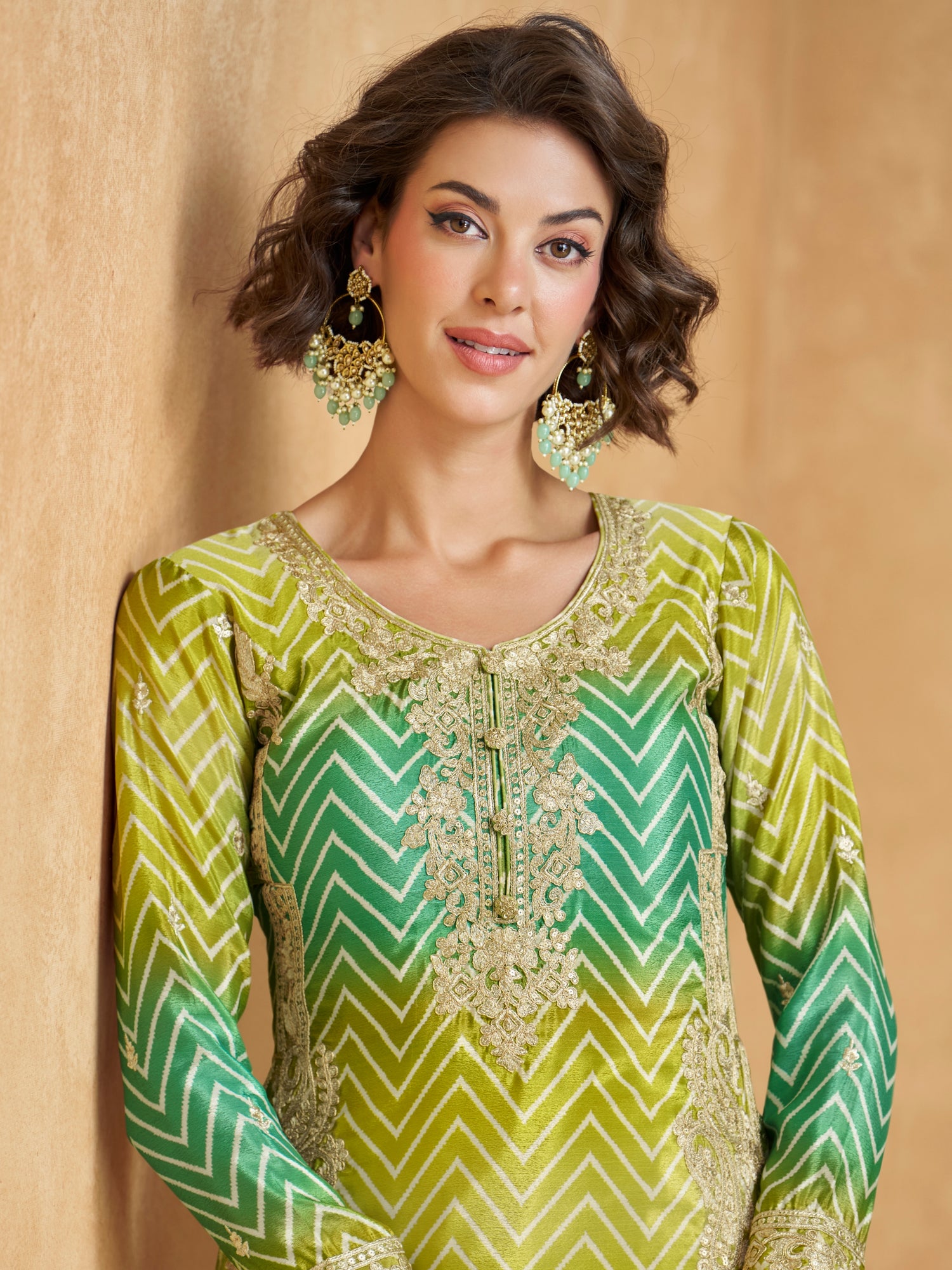 Lime Green &amp; Yellow Ombre Chinnon Silk Palazzo Suit