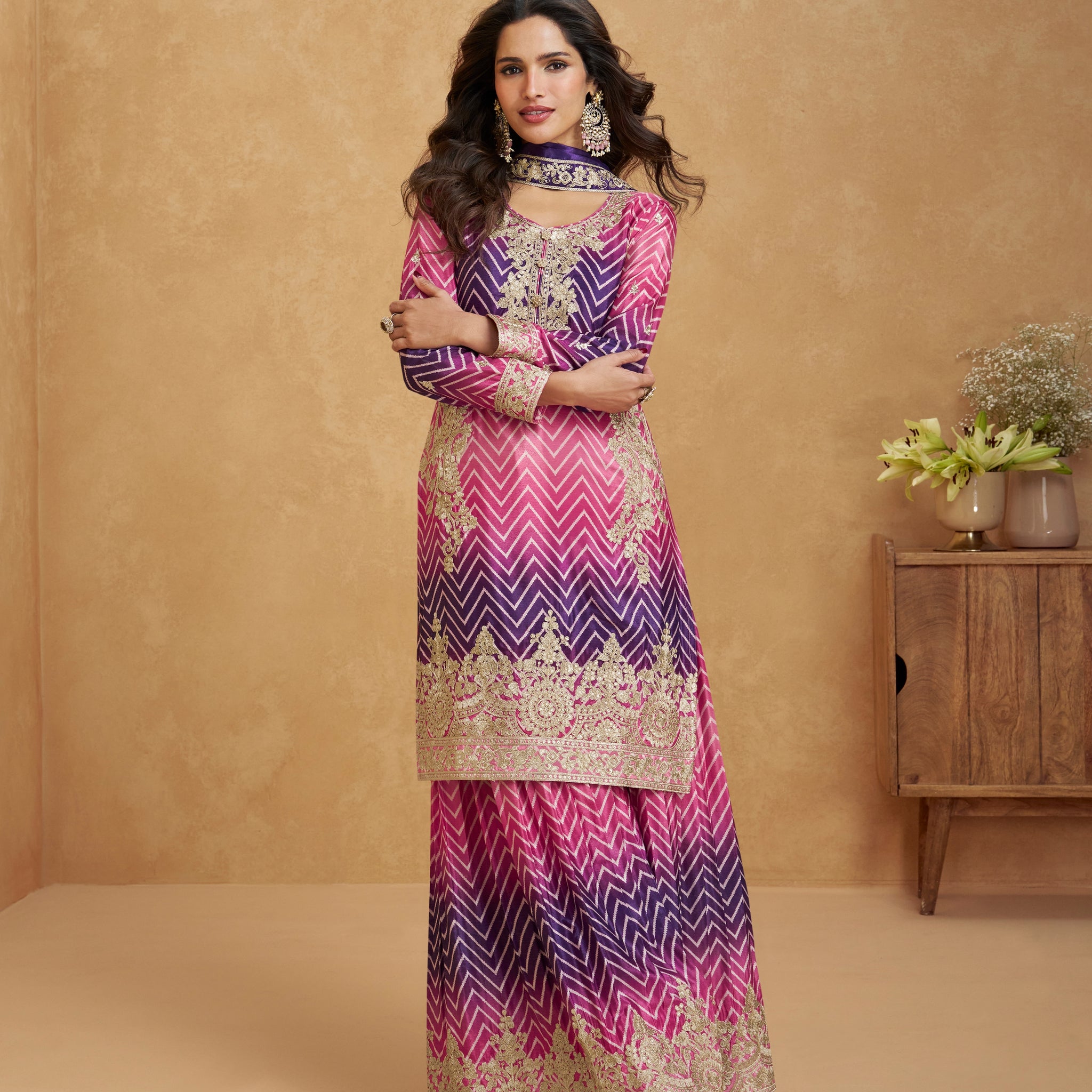 Purple & Pink Ombre Embroidered Chinnon Silk Palazzo Suit
