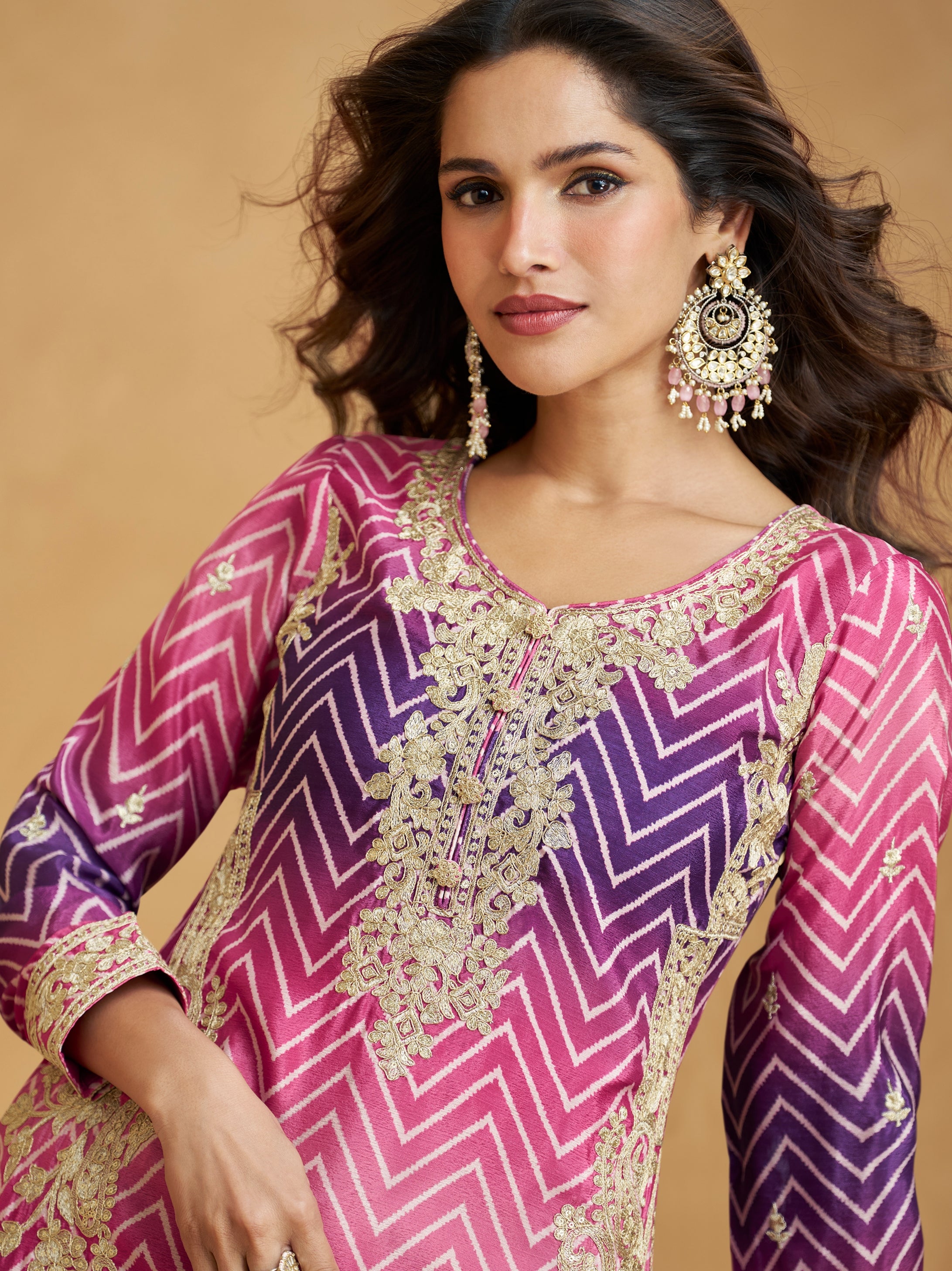 Purple &amp; Pink Ombre Embroidered Chinnon Silk Palazzo Suit