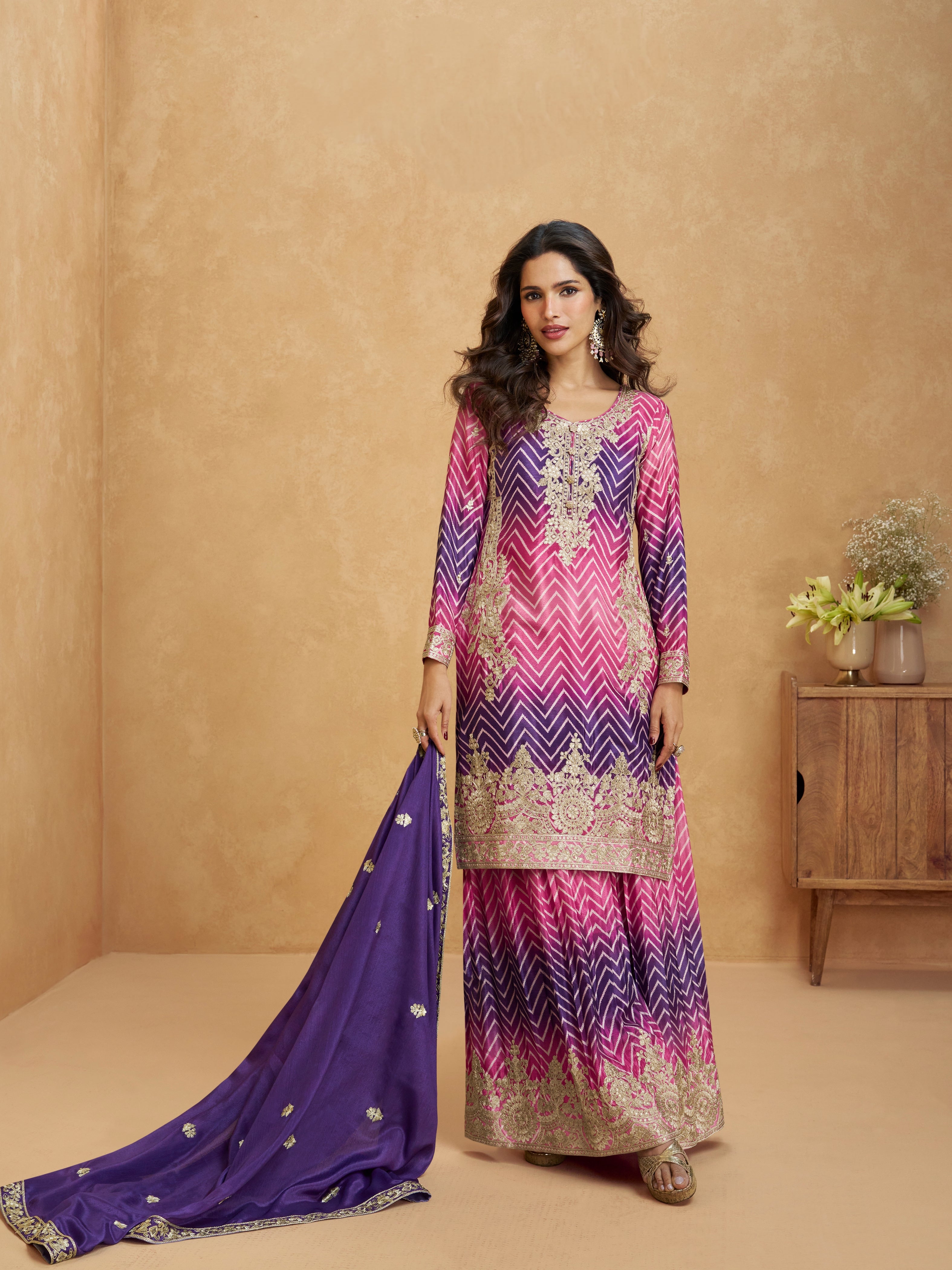 Purple & Pink Ombre Embroidered Chinnon Silk Palazzo Suit