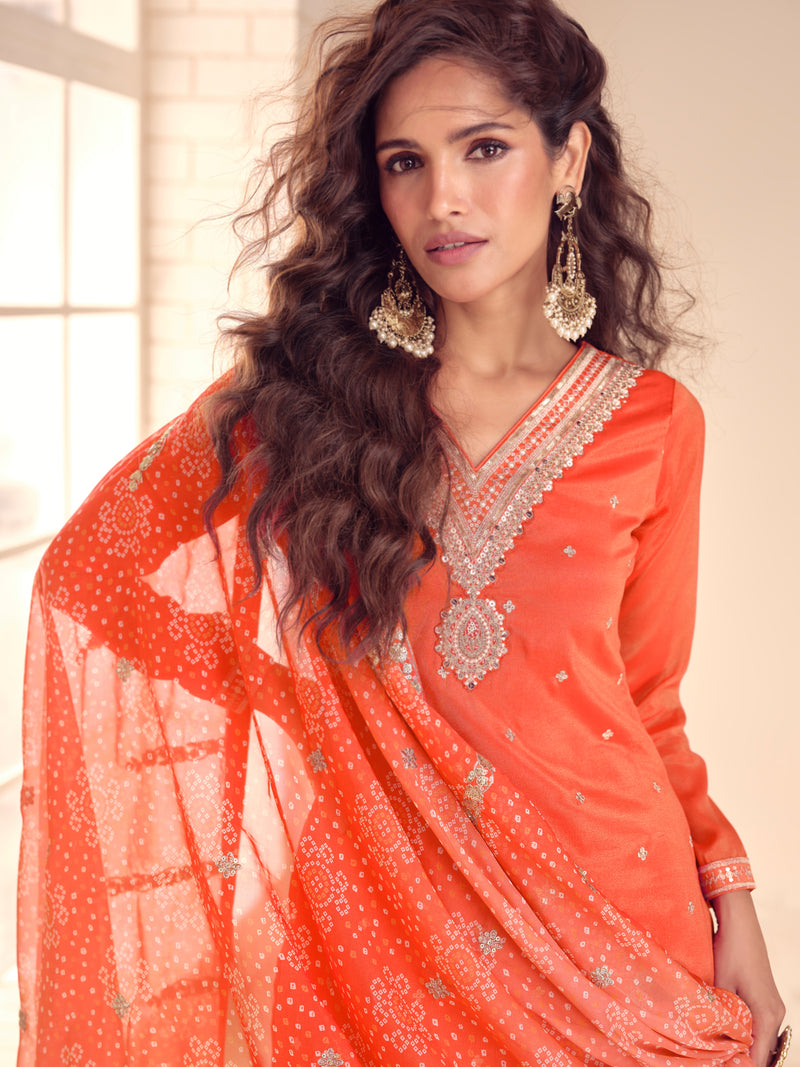 Coral Orange Embroidered Sharara Suit
