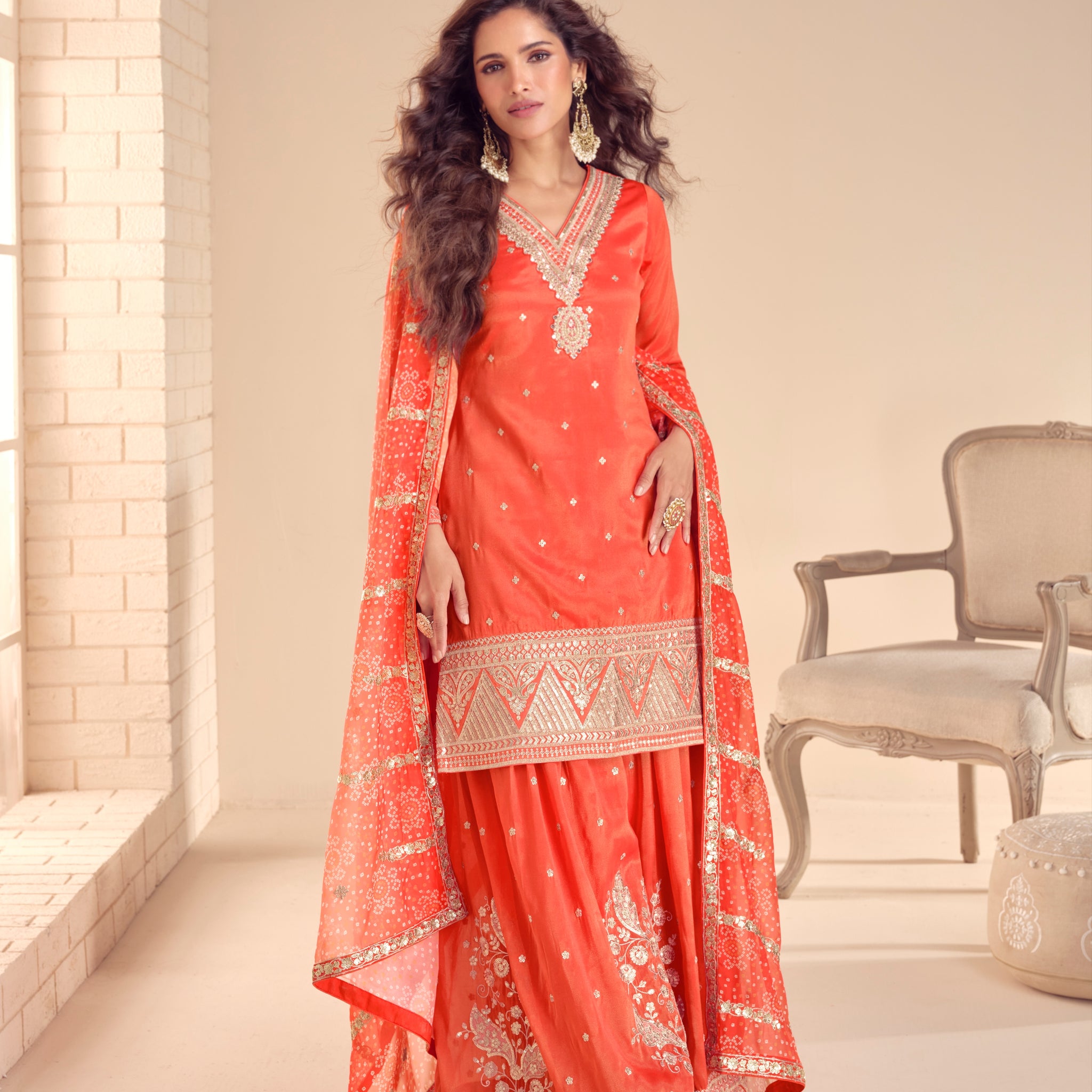 Coral Orange Embroidered Sharara Suit