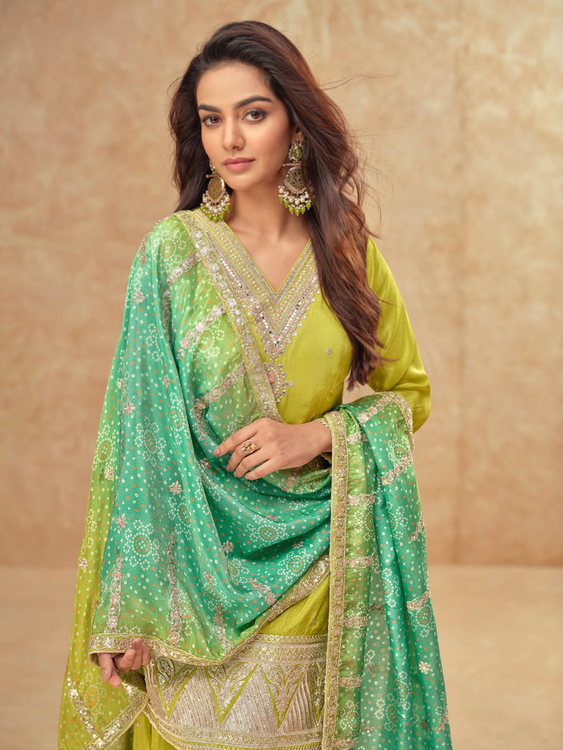 Lime Green Real Simar Silk Embroidered Sharara Suit