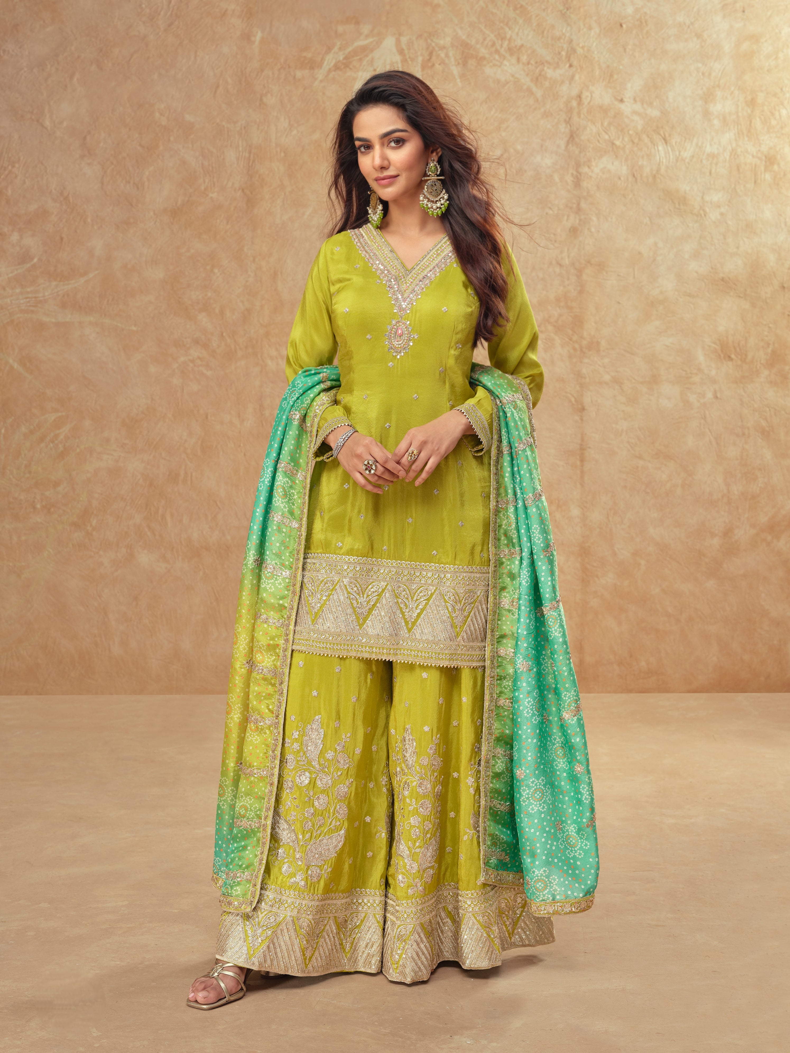 Lime Green Real Simar Silk Embroidered Sharara Suit