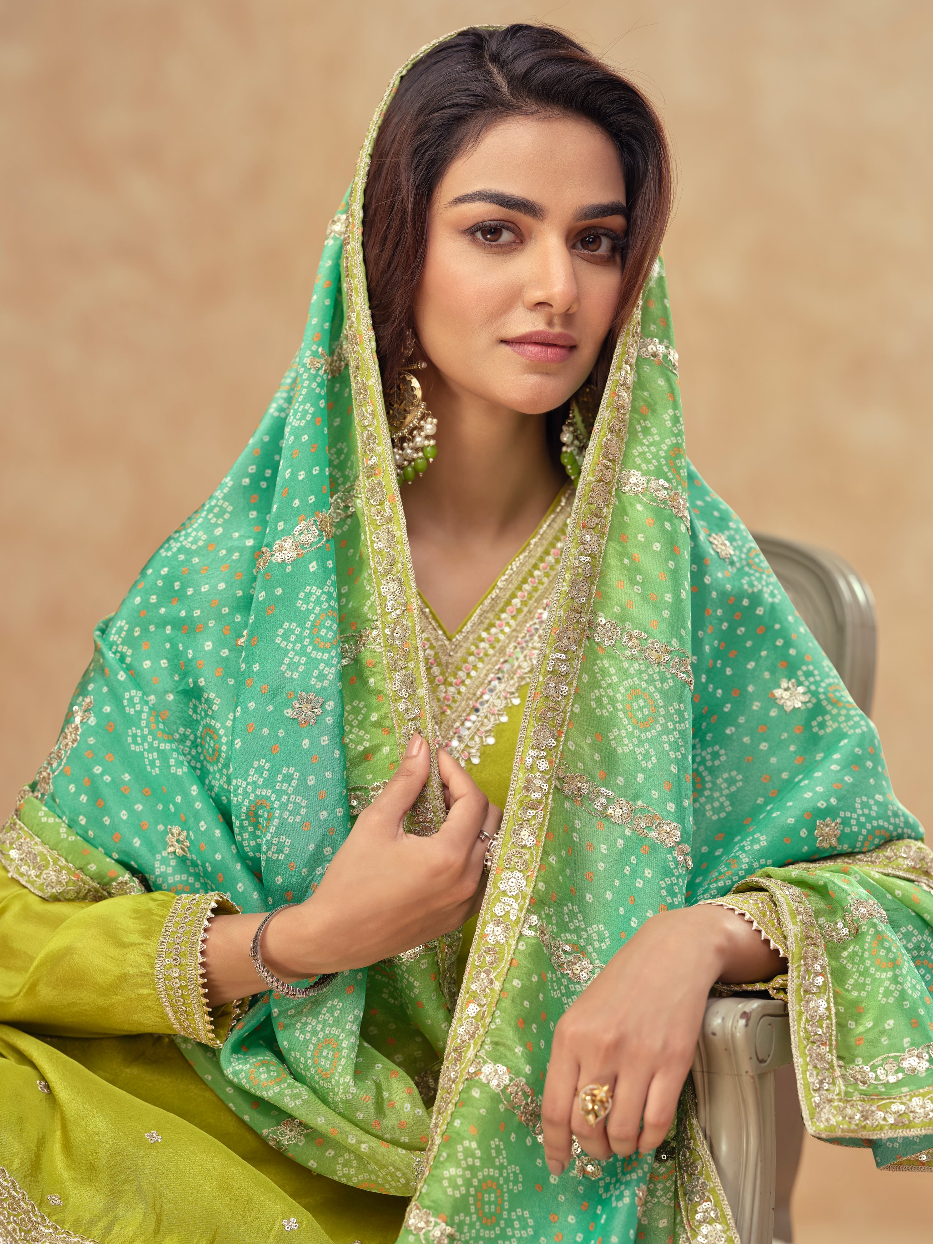 Lime Green Real Simar Silk Embroidered Sharara Suit