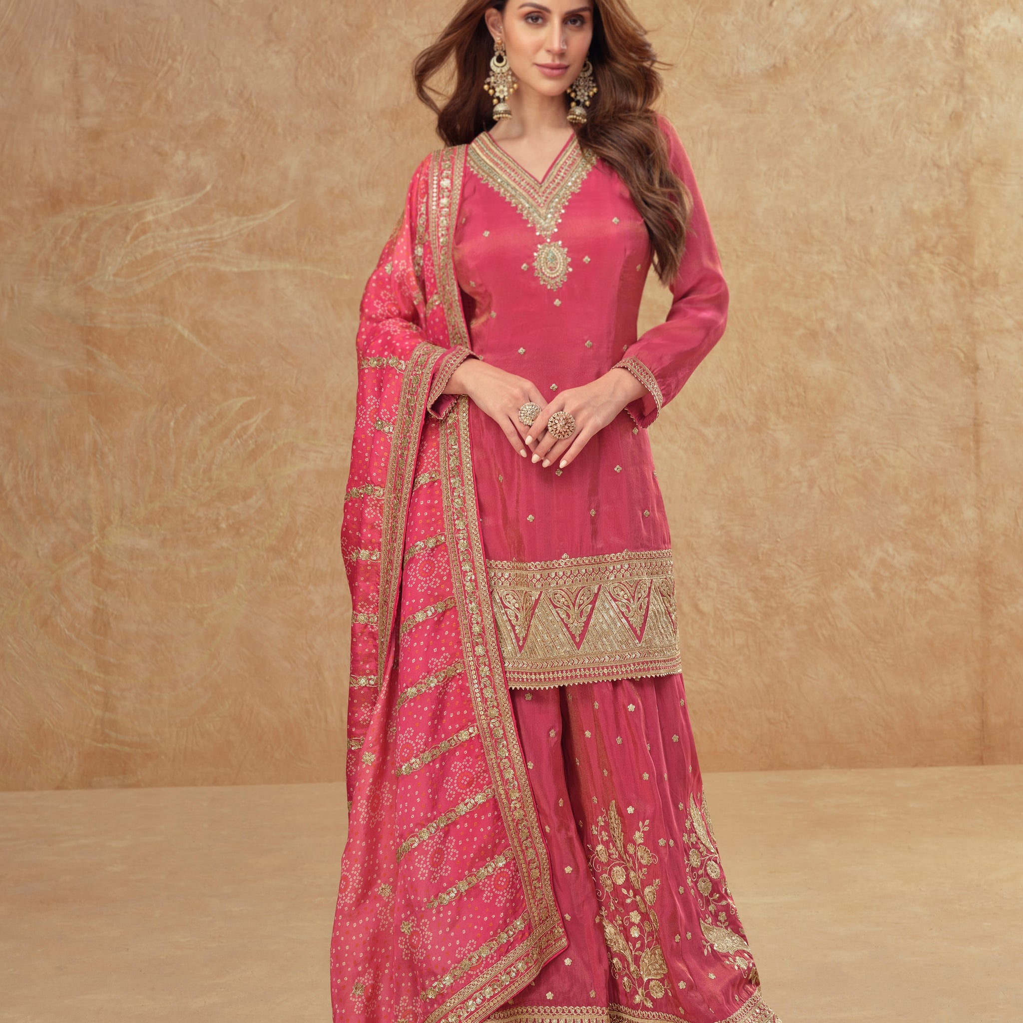 Rani Pink Real Simar Silk Embroidered Sharara Suit