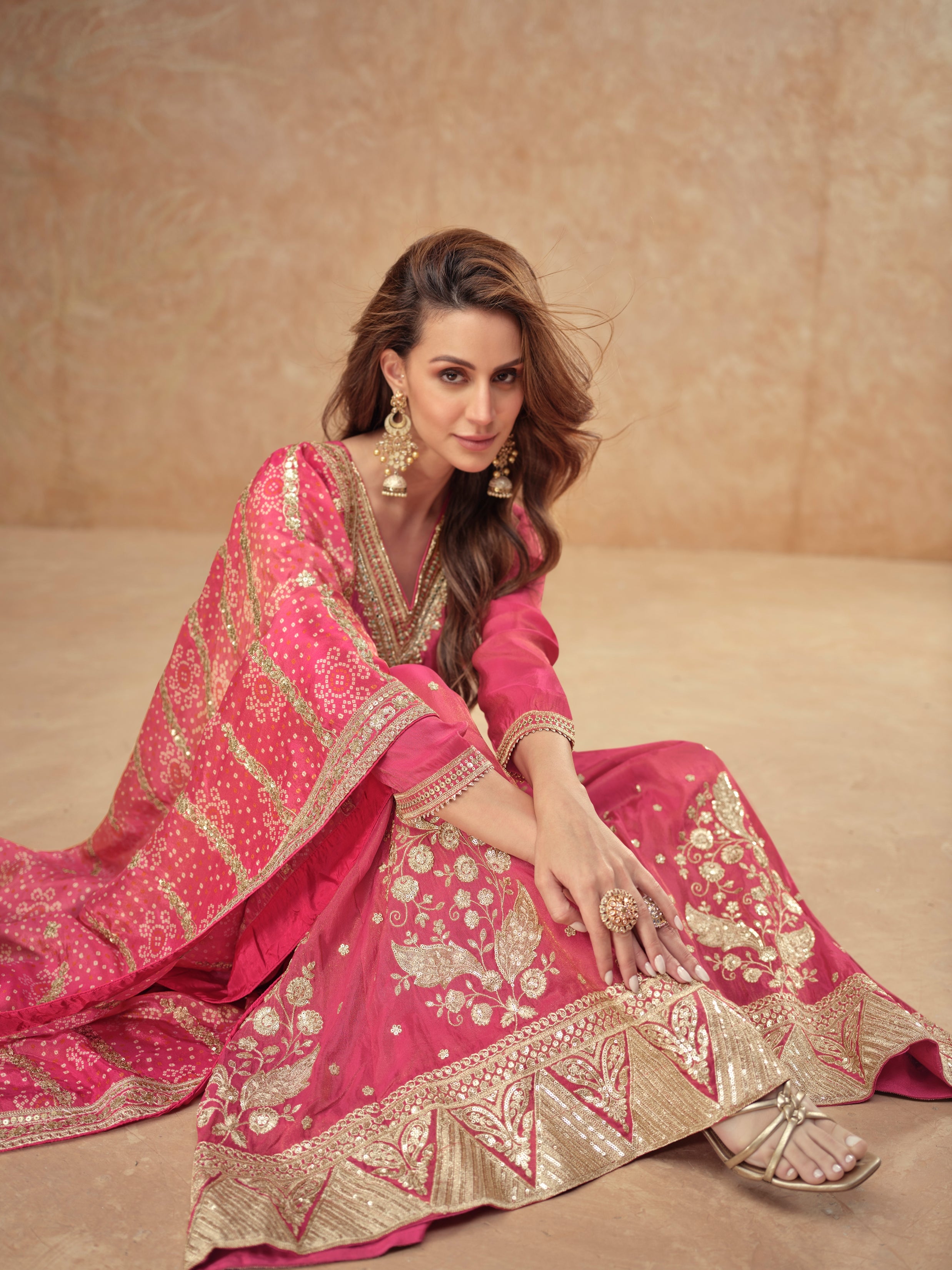 Rani Pink Real Simar Silk Embroidered Sharara Suit