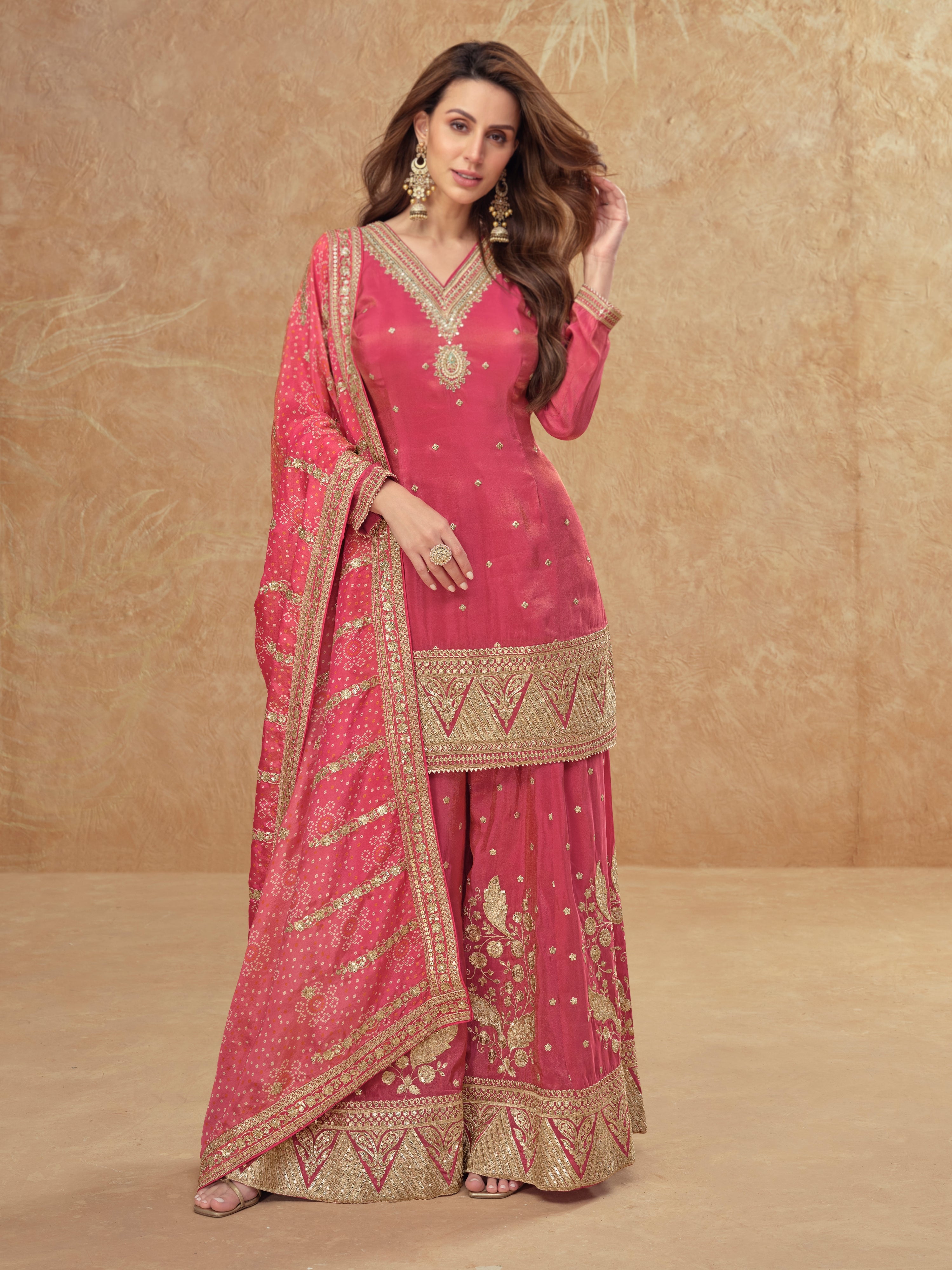 Rani Pink Real Simar Silk Embroidered Sharara Suit