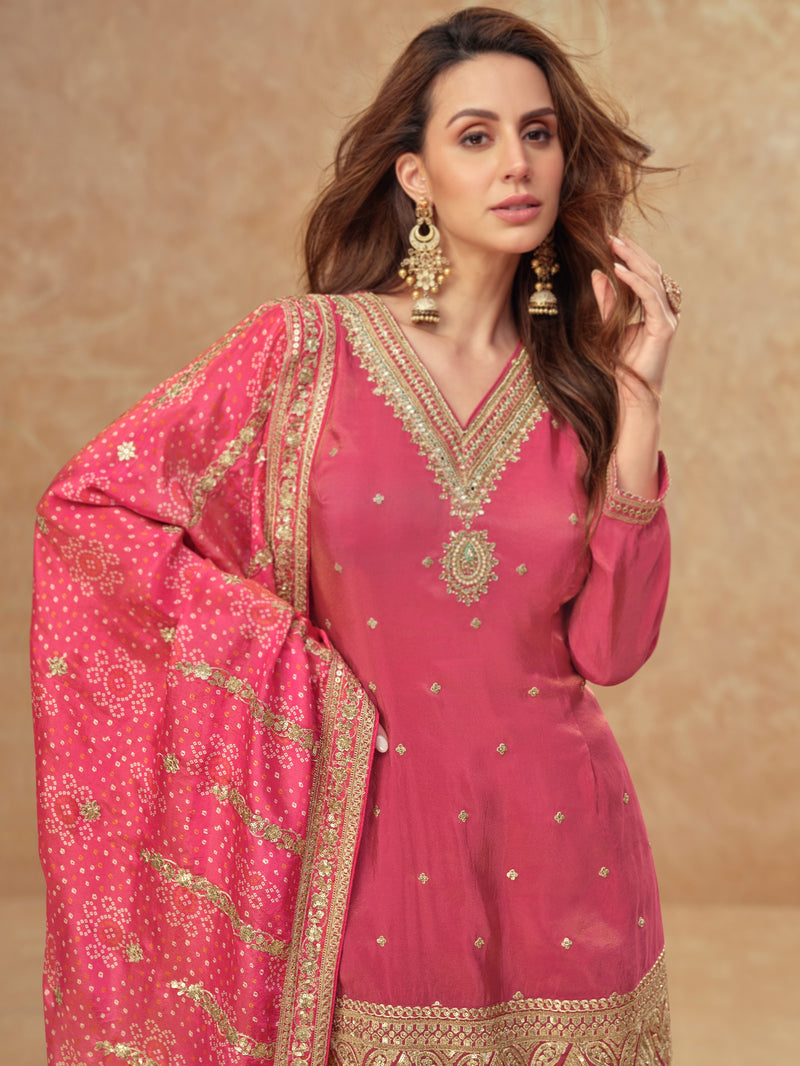 Rani Pink Real Simar Silk Embroidered Sharara Suit