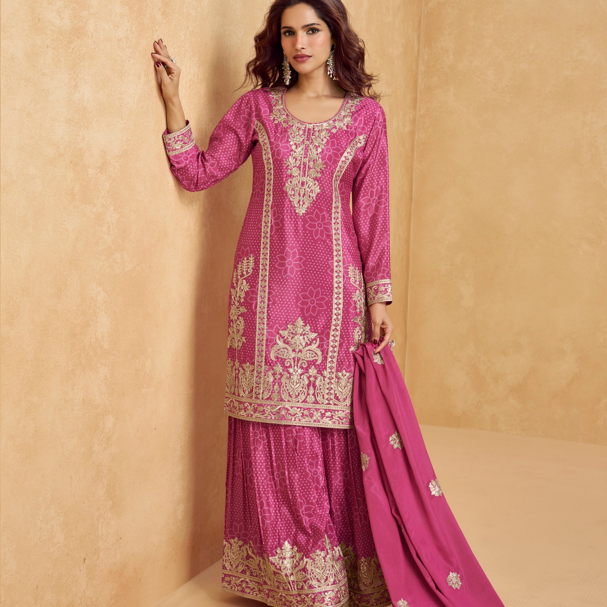 Magenta Pink Chinnon Silk Palazzo Suit with Intricate Embroidery