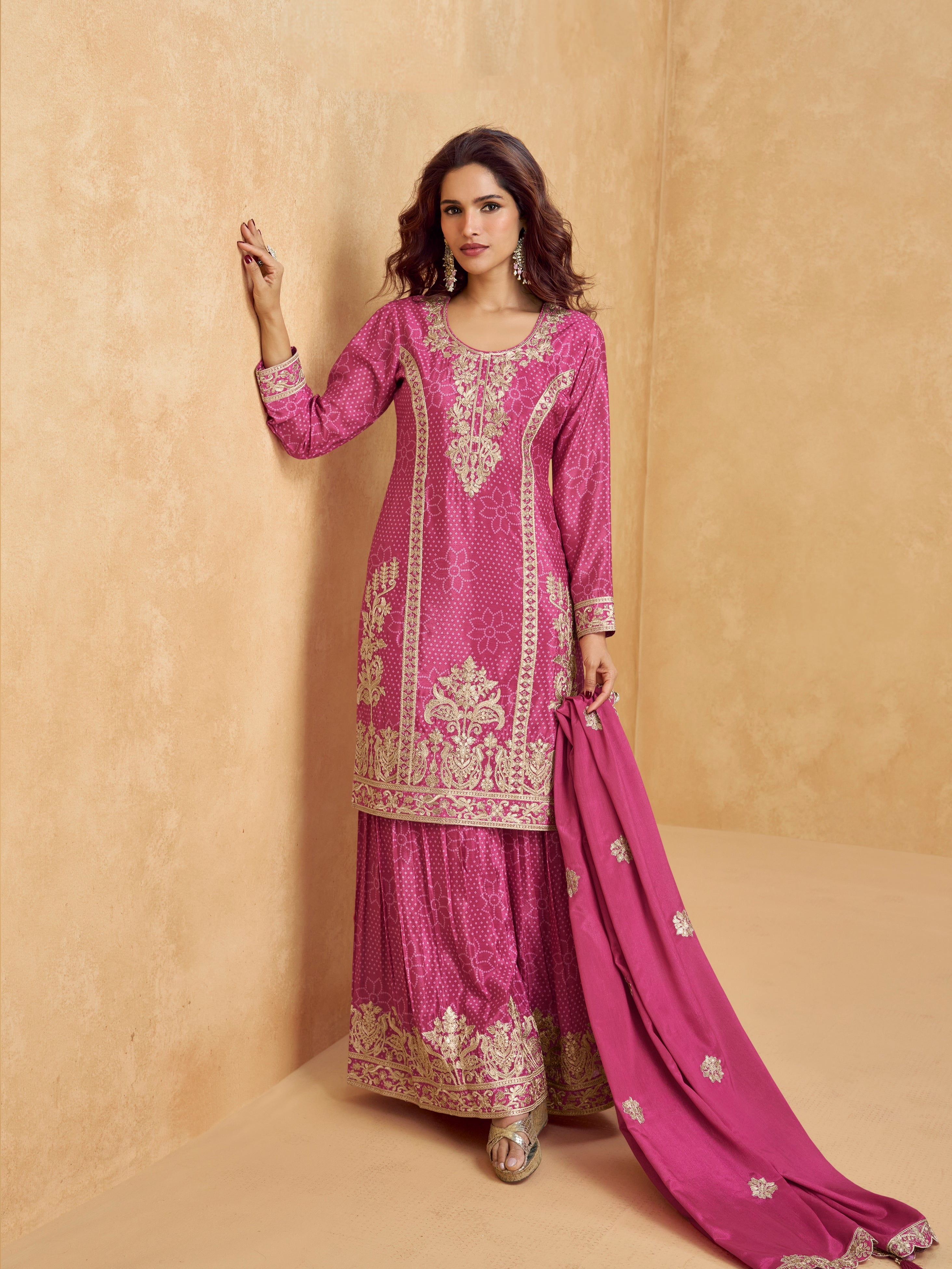 Magenta Pink Chinnon Silk Palazzo Suit with Intricate Embroidery