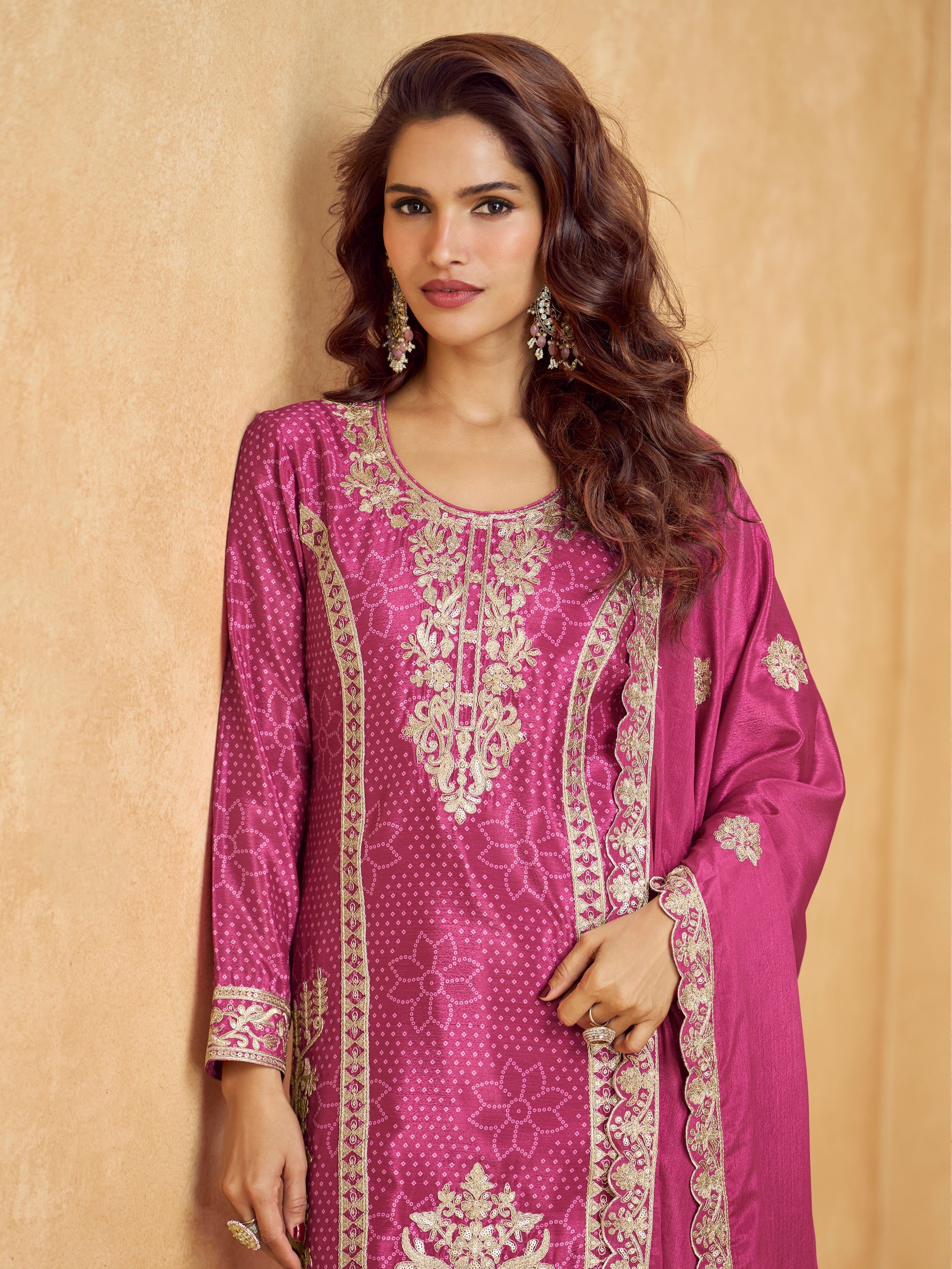 Magenta Pink Chinnon Silk Palazzo Suit with Intricate Embroidery