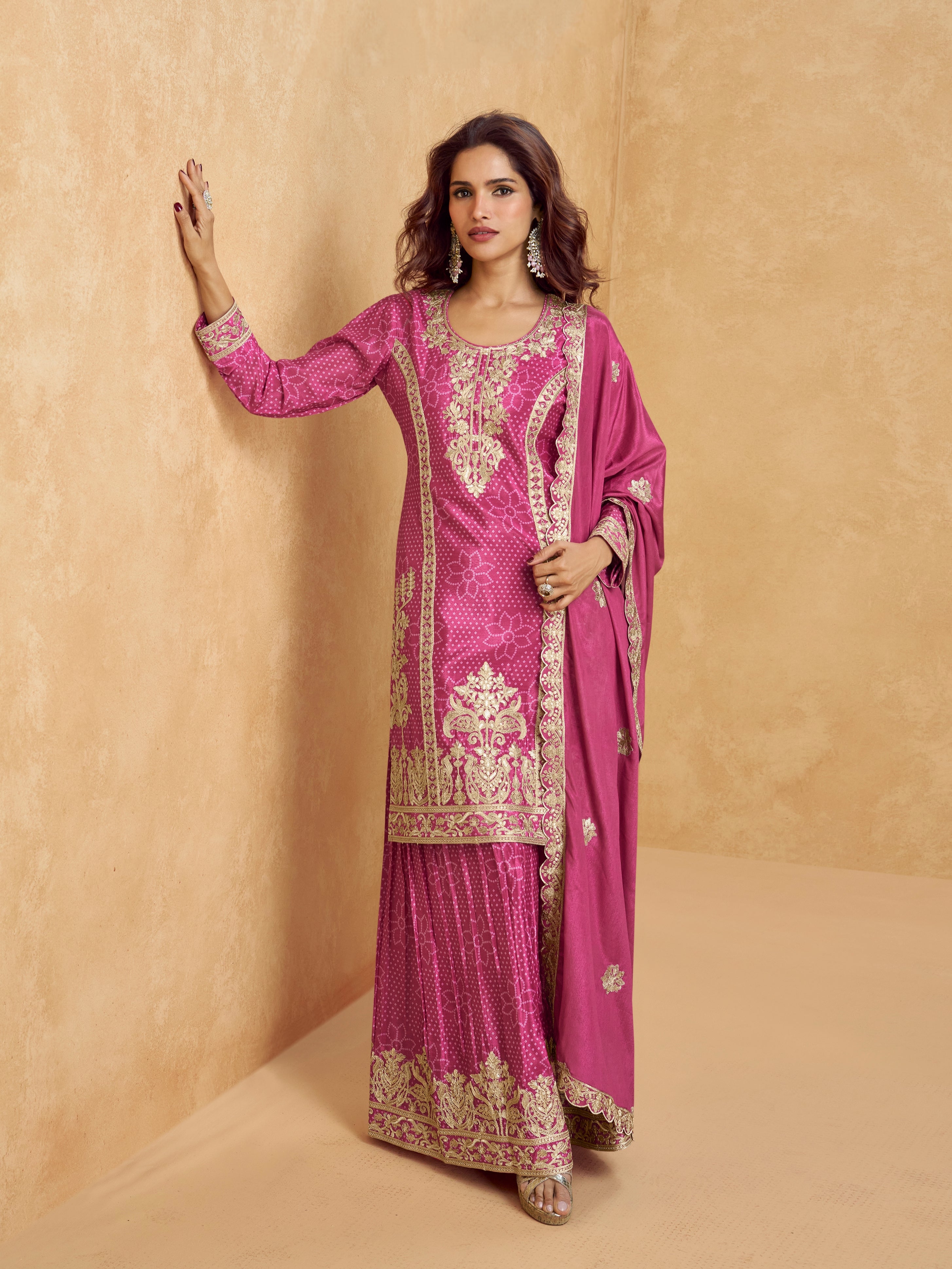 Magenta Pink Chinnon Silk Palazzo Suit with Intricate Embroidery
