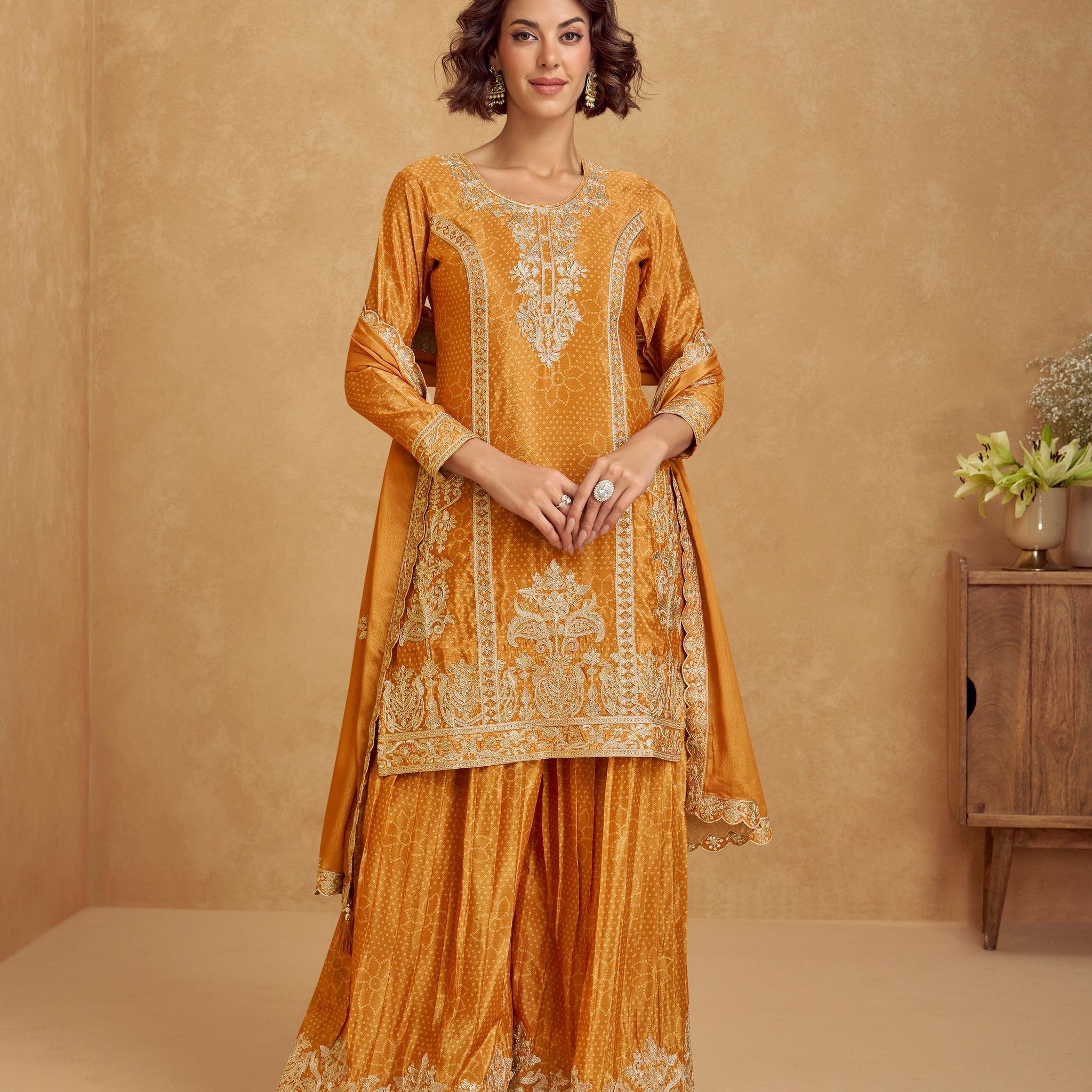 Mustard Yellow Chinnon Silk Embroidered Palazzo Suit