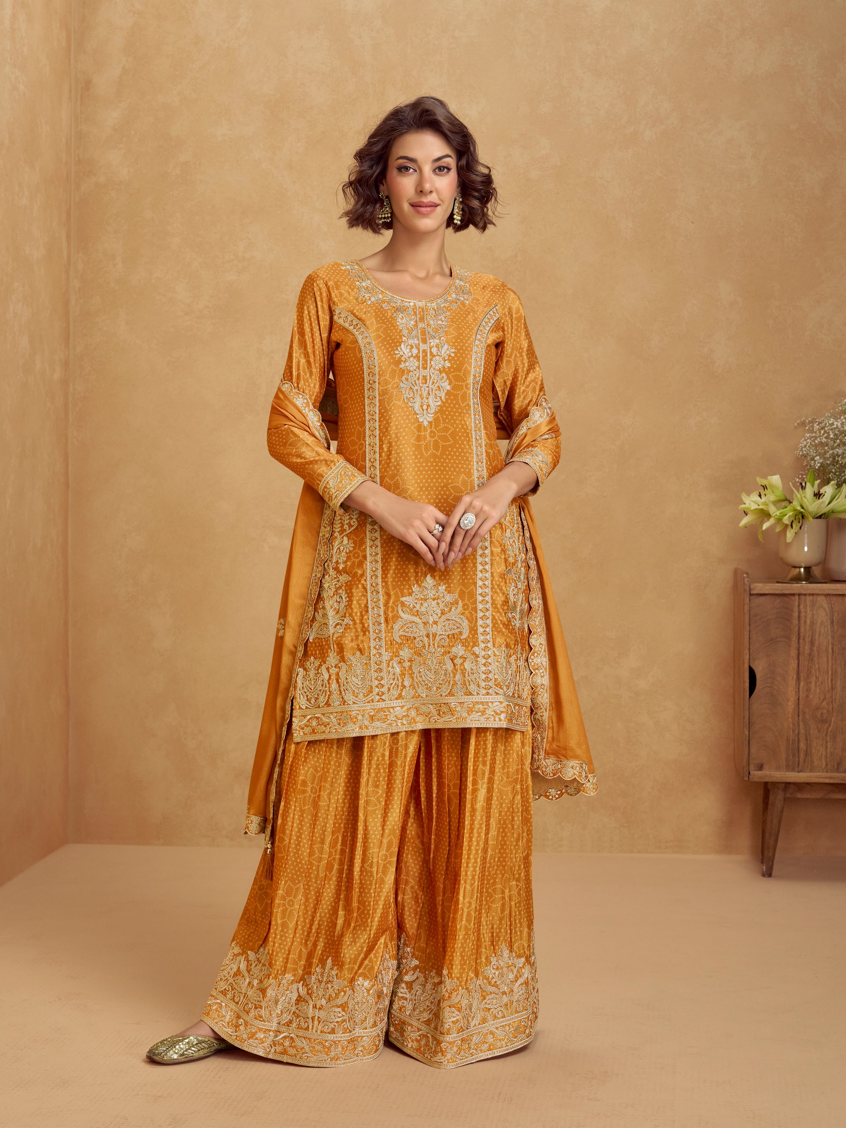 Mustard Yellow Chinnon Silk Embroidered Palazzo Suit