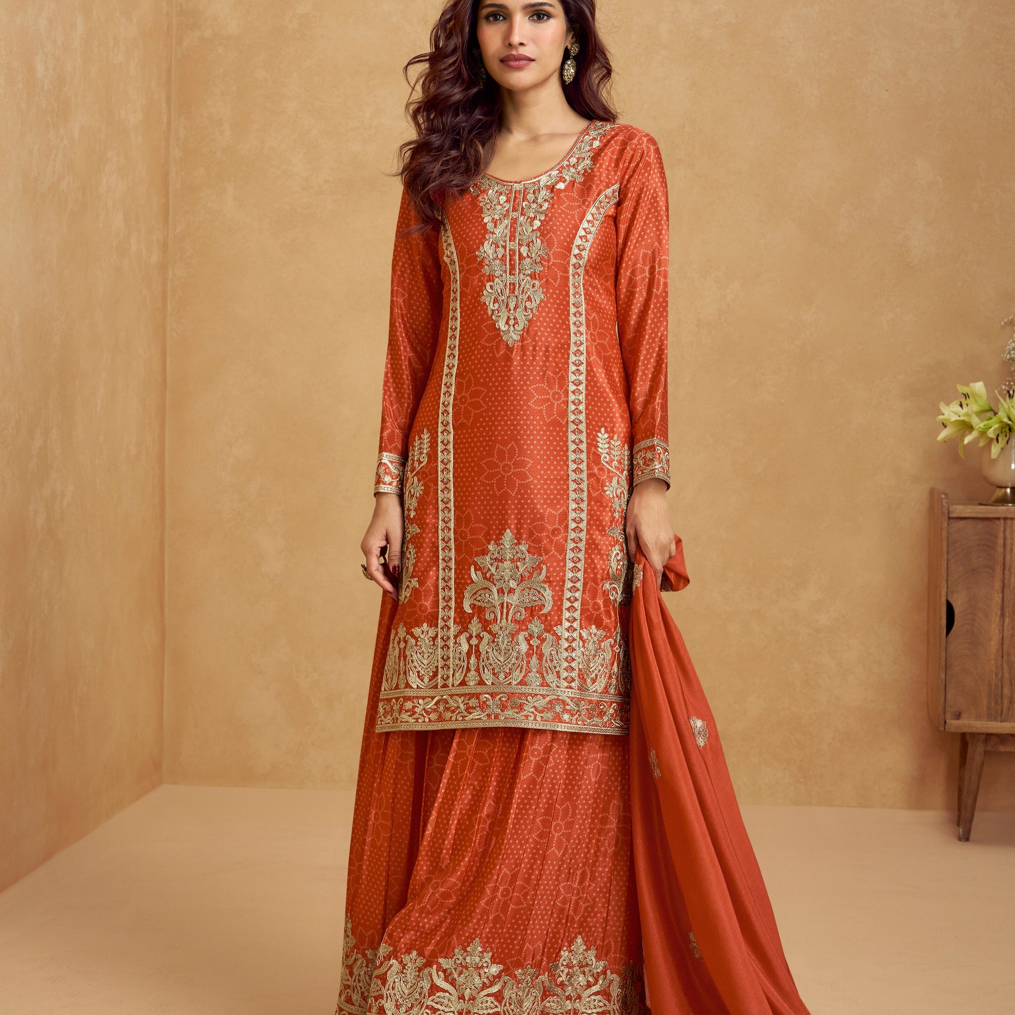 Rust Orange Chinnon Silk Embroidered Palazzo Suit