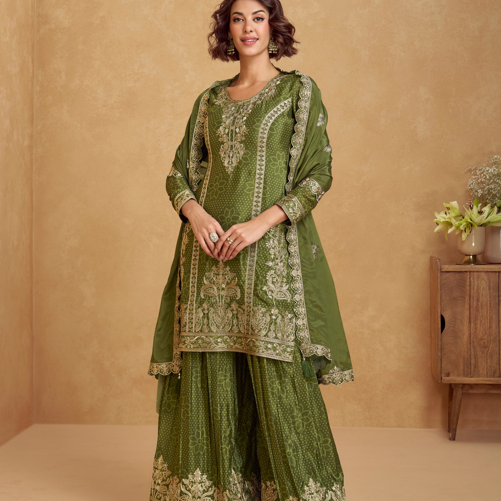 Olive Green Chinnon Silk Palazzo Suit with Embroidery