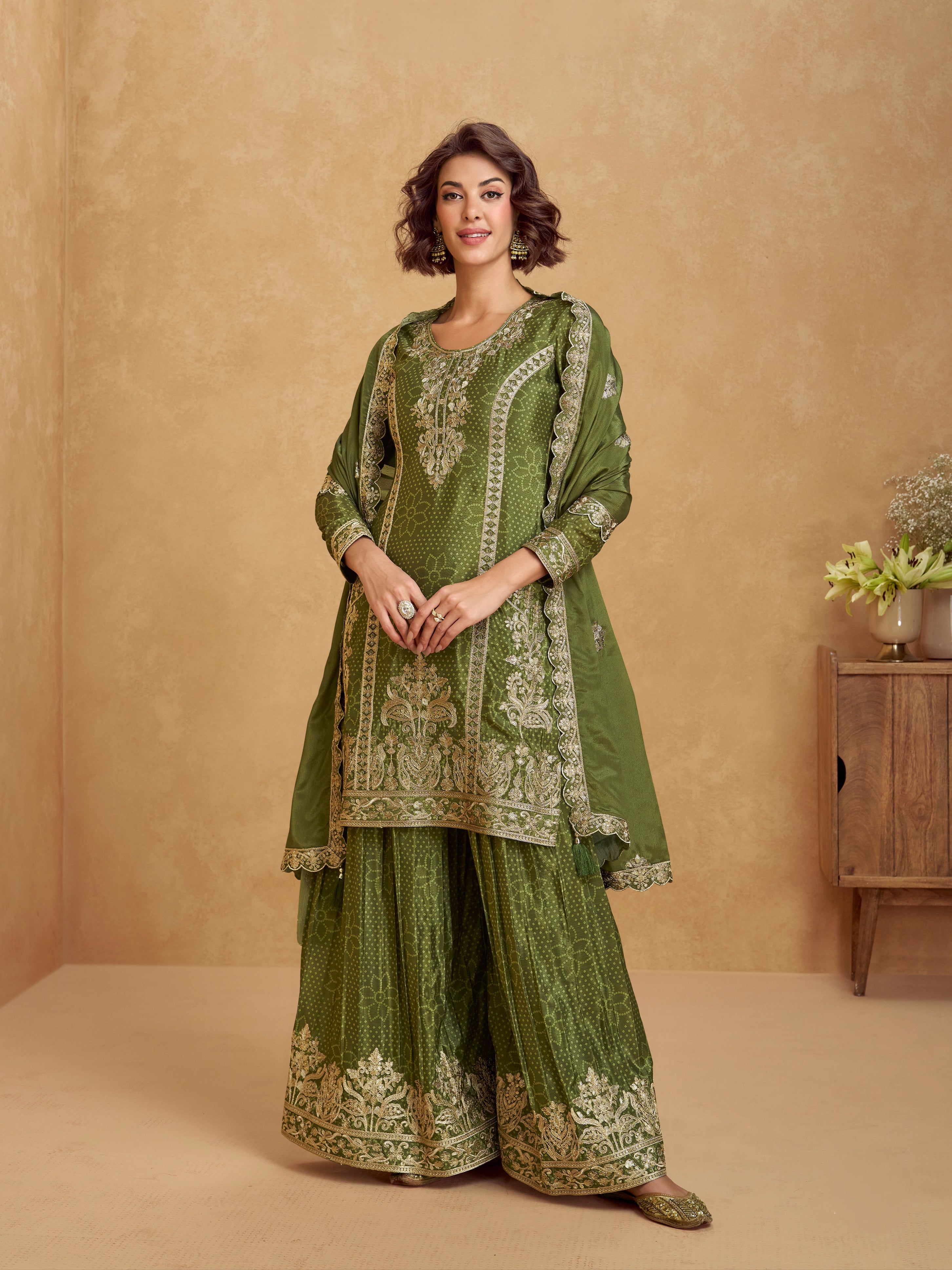 Olive Green Chinnon Silk Palazzo Suit with Embroidery