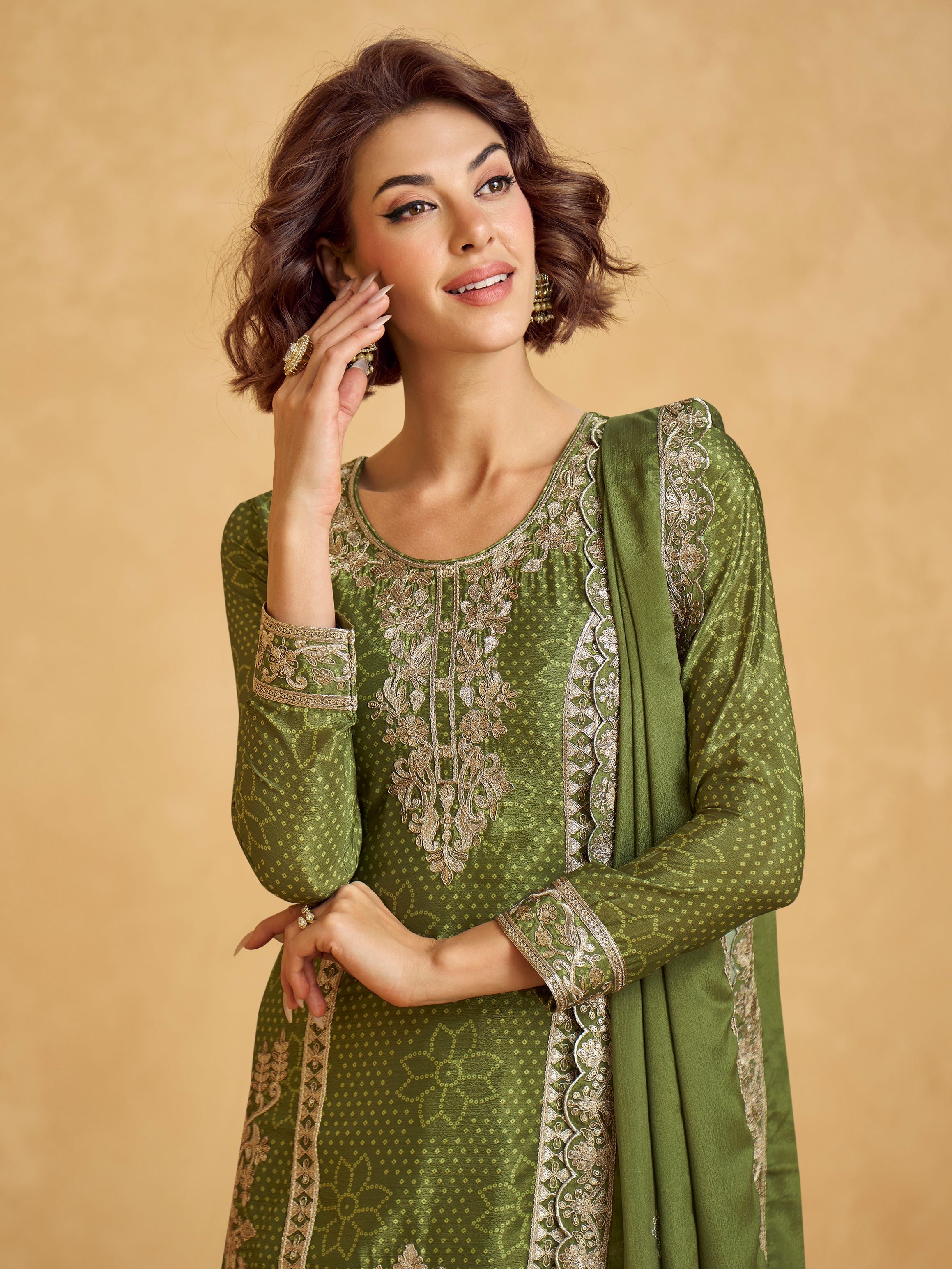 Olive Green Chinnon Silk Palazzo Suit with Embroidery