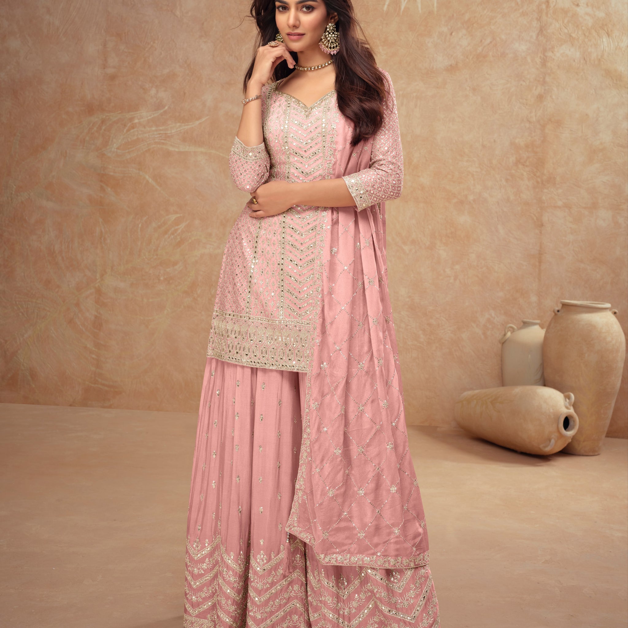 Pink Real Chinon Embroidered Palazzo Suit
