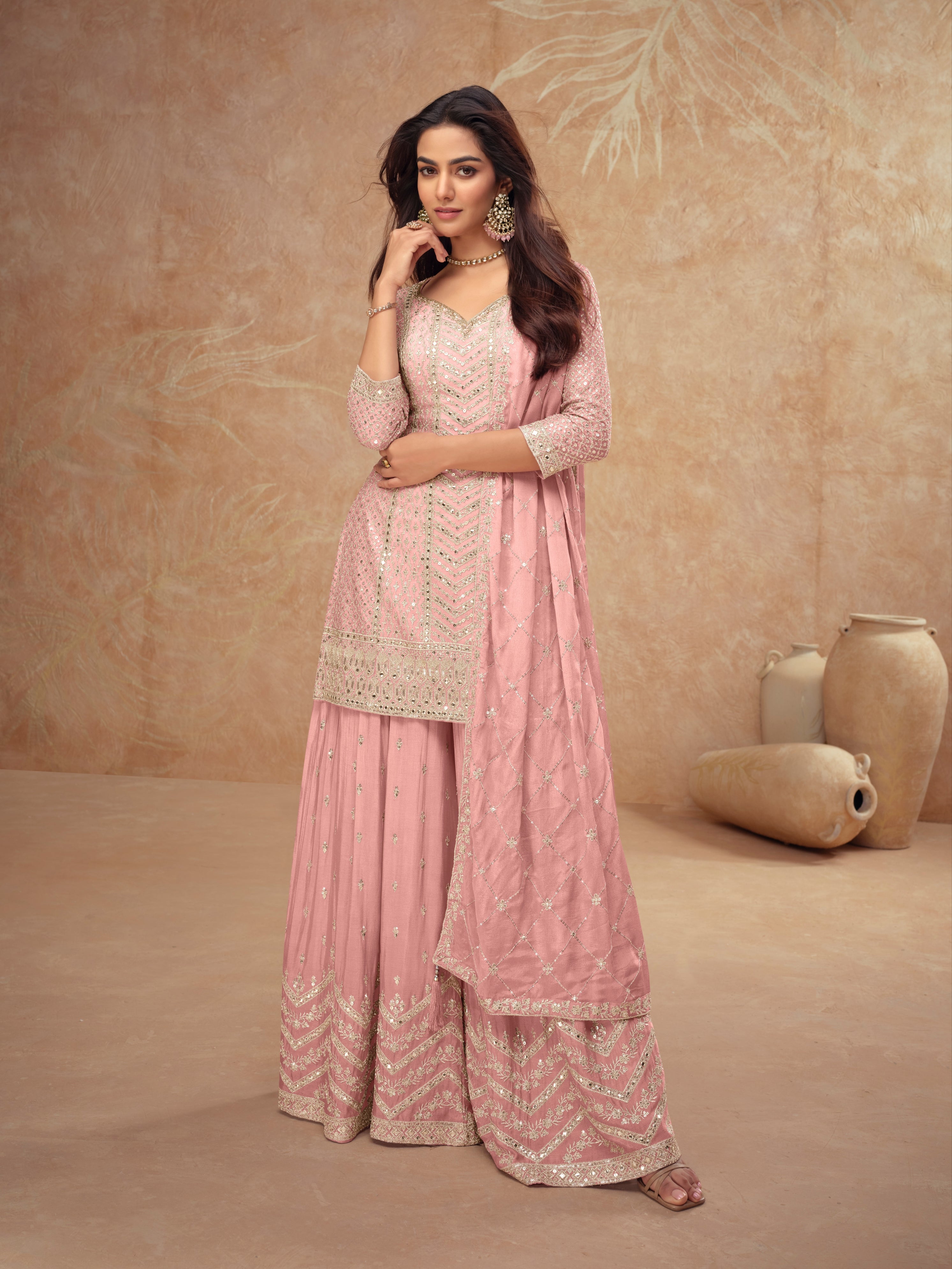 Pink Real Chinon Embroidered Palazzo Suit