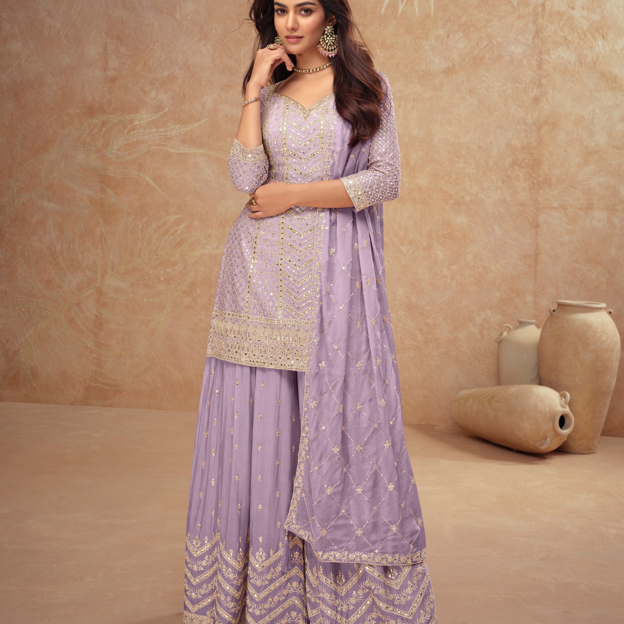 Lavender Real Chinon Embroidered Palazzo Suit