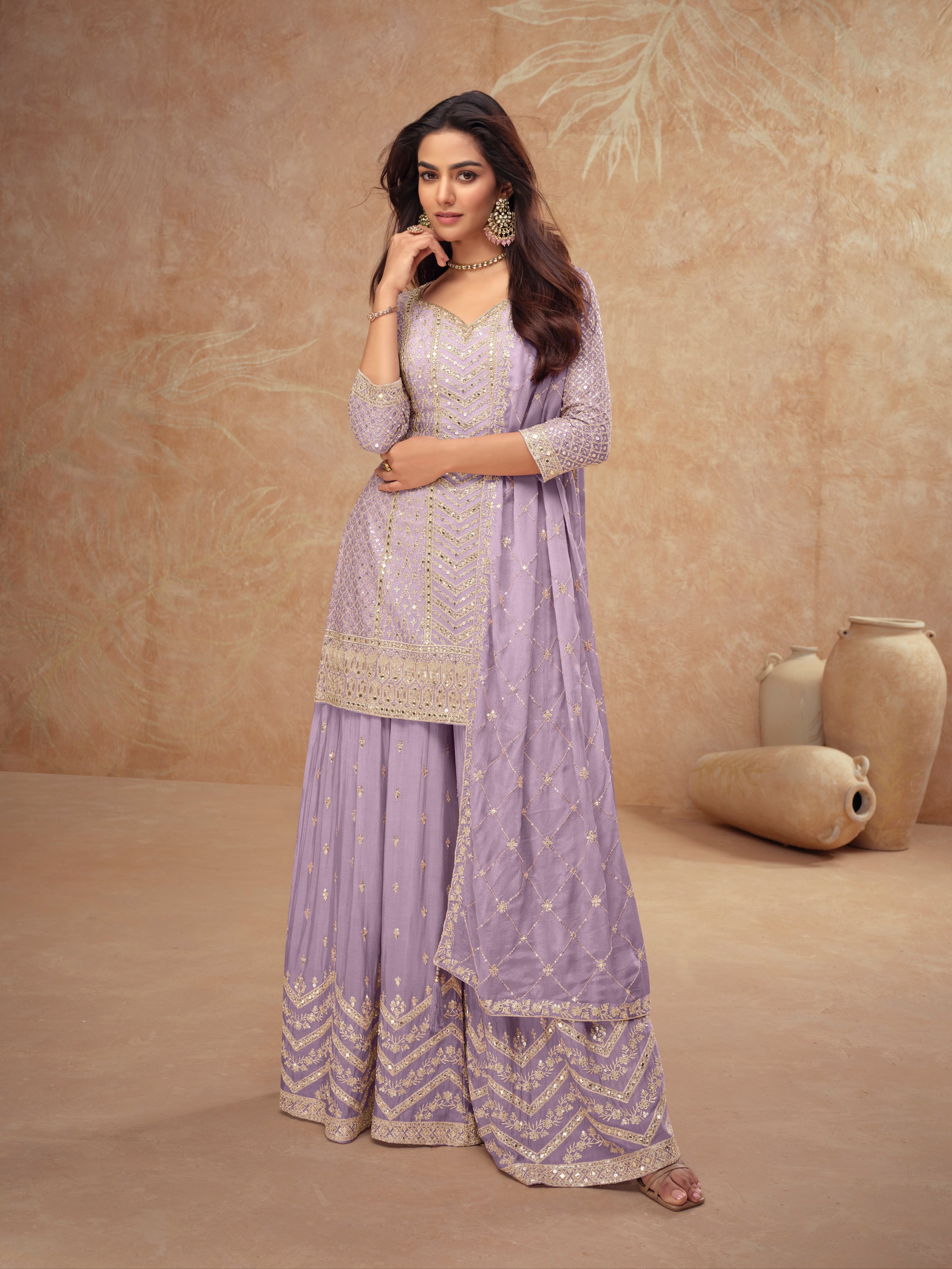 Lavender Real Chinon Embroidered Palazzo Suit