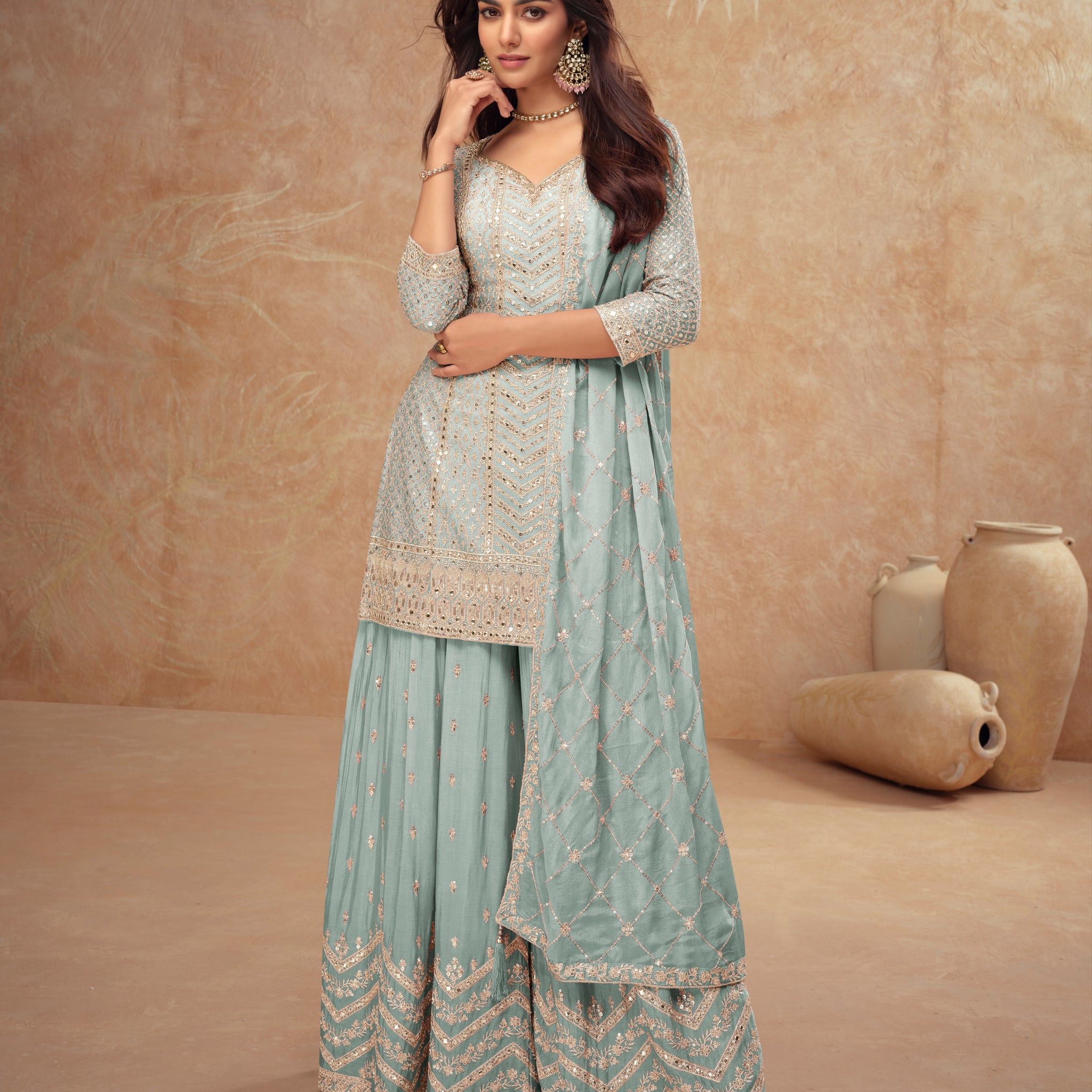 Mint Blue Real Chinon Embroidered Palazzo Suit