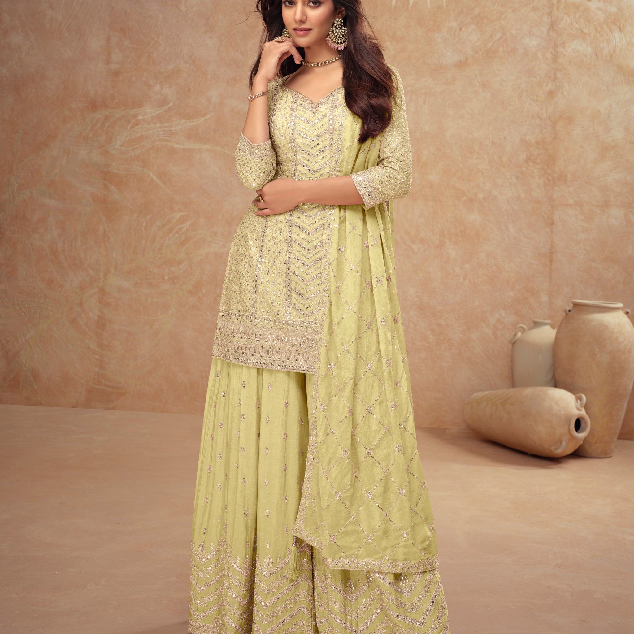 Lime Green Real Chinon Embroidered Palazzo Suit
