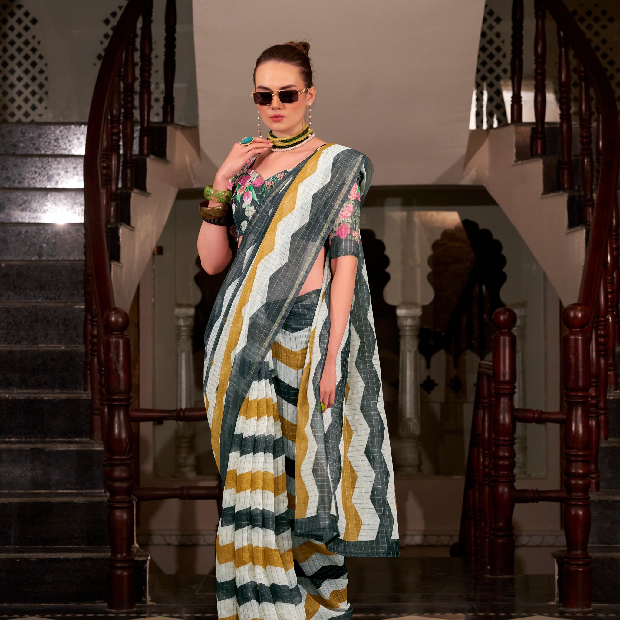 White & Mustard Yellow Wavy Print Linen Cotton Saree