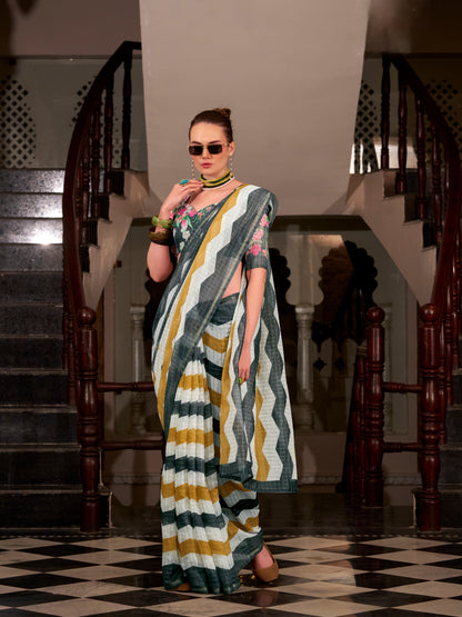 White &amp; Mustard Yellow Wavy Print Linen Cotton Saree