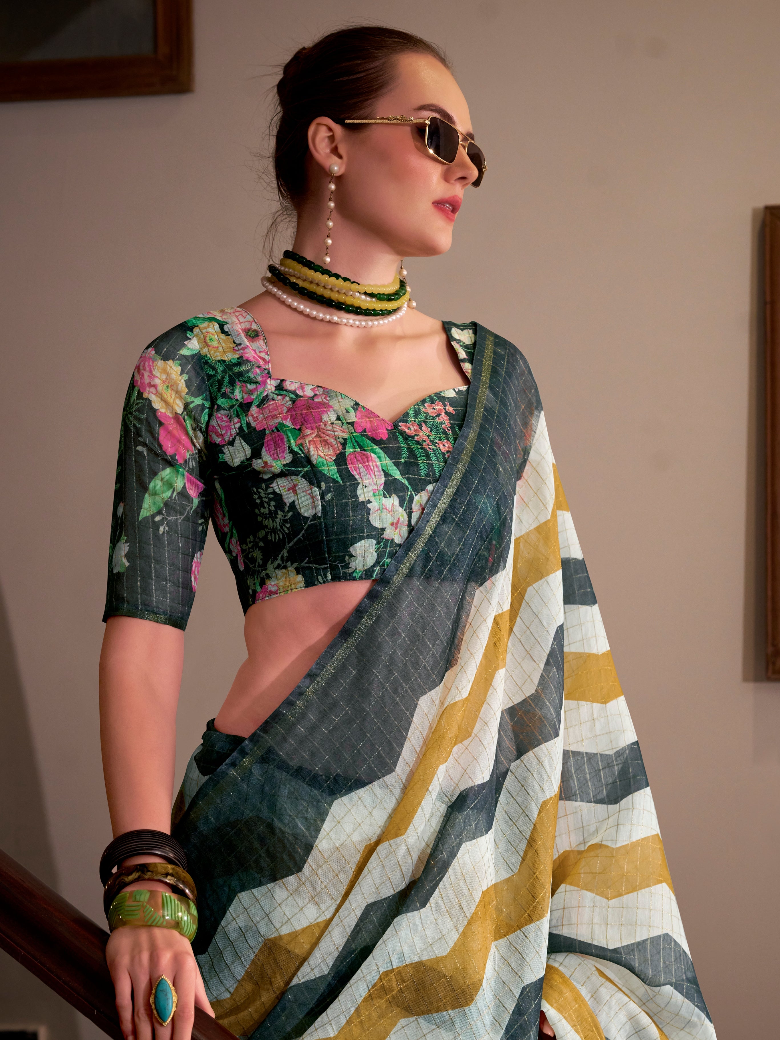 White &amp; Mustard Yellow Wavy Print Linen Cotton Saree