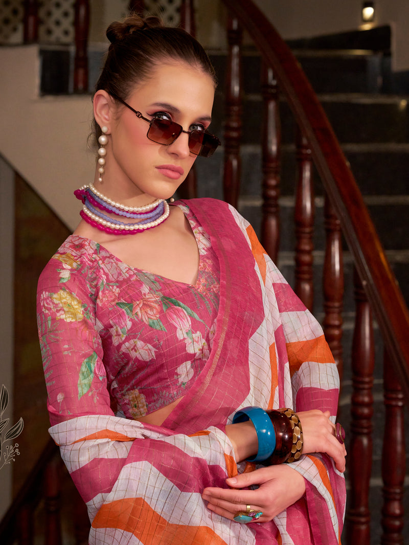 Pink & Orange Wavy Print Linen Cotton Saree