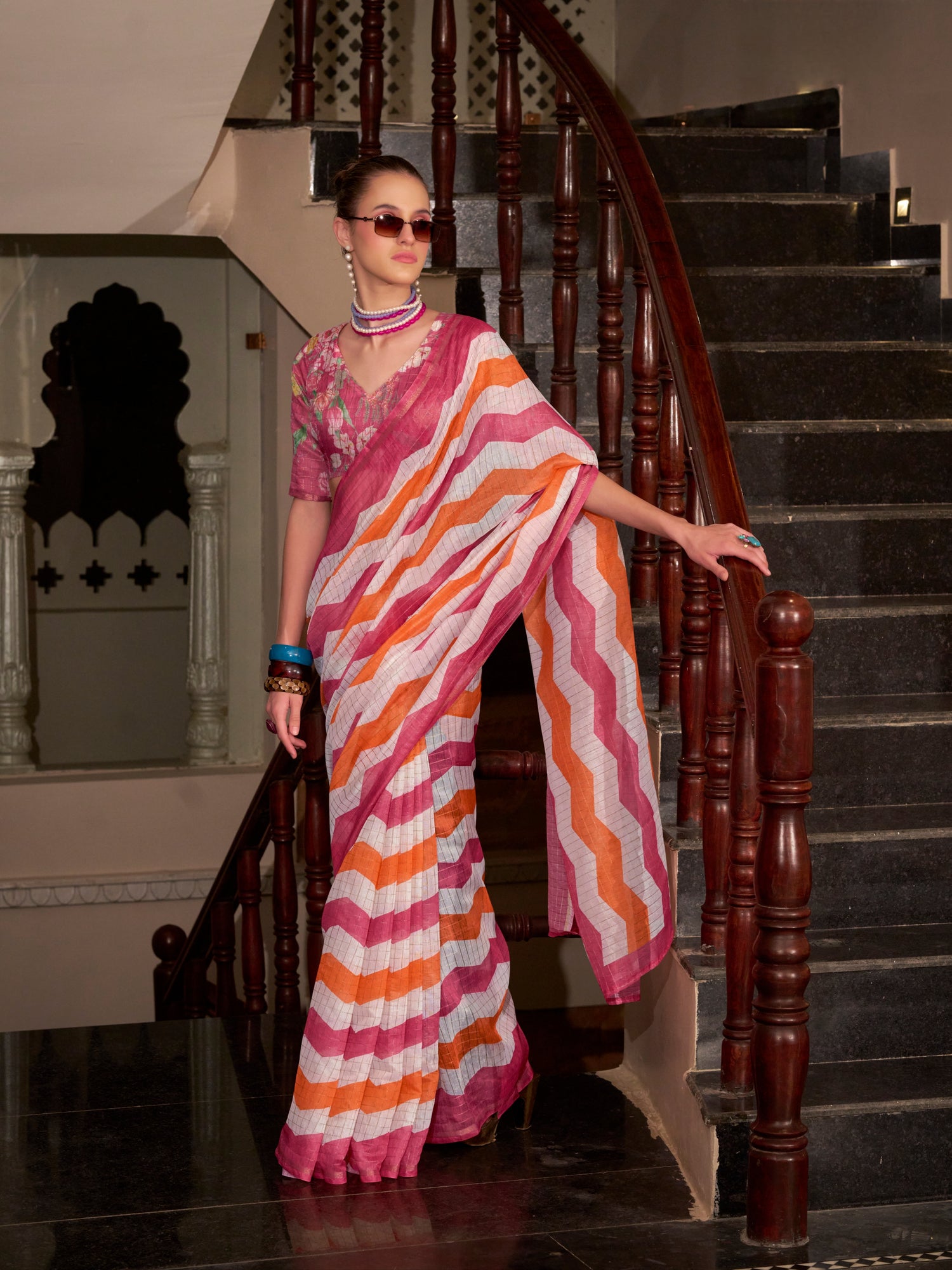 Pink &amp; Orange Wavy Print Linen Cotton Saree