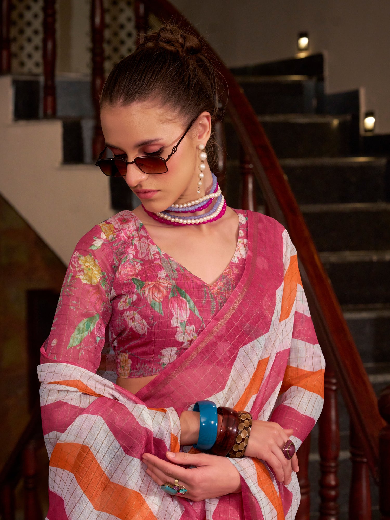 Pink &amp; Orange Wavy Print Linen Cotton Saree