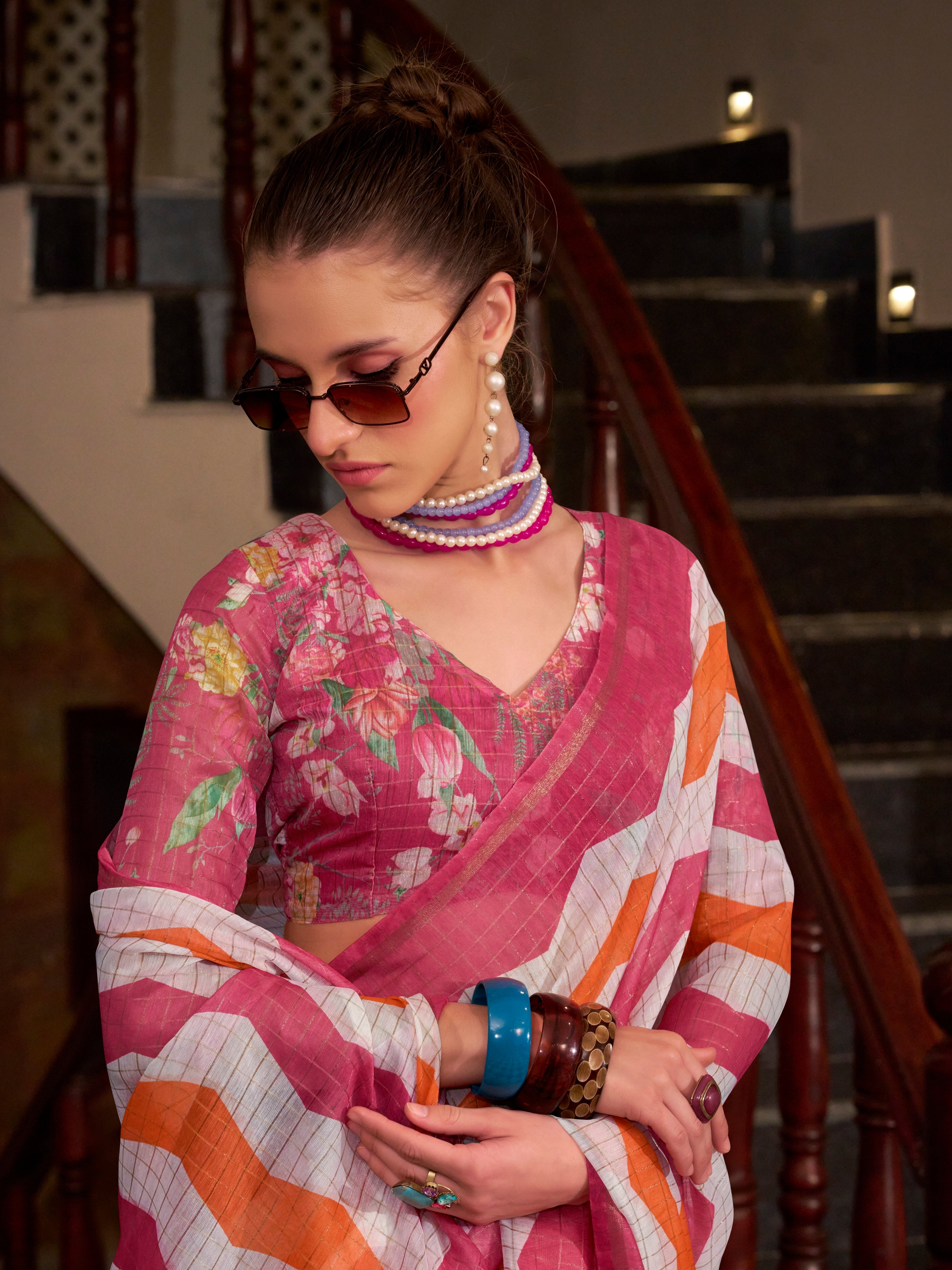 Pink &amp; Orange Wavy Print Linen Cotton Saree
