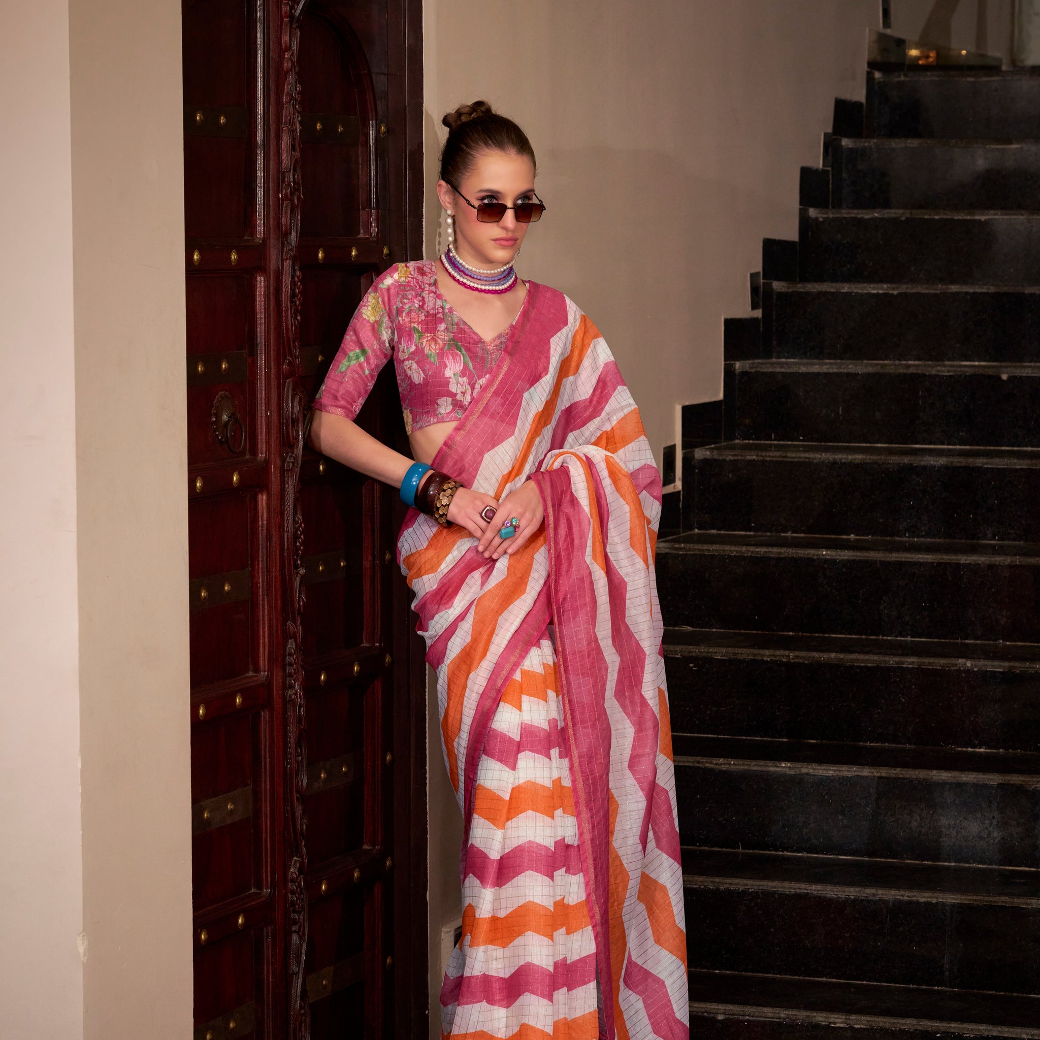 Pink & Orange Wavy Print Linen Cotton Saree