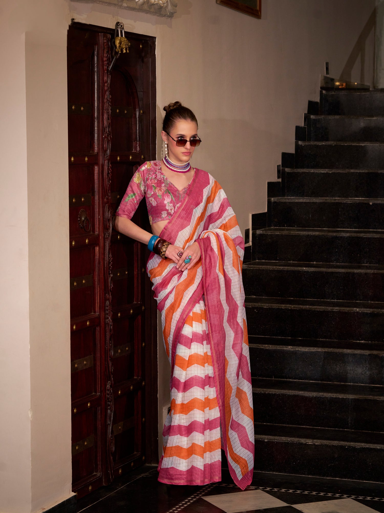 Pink &amp; Orange Wavy Print Linen Cotton Saree