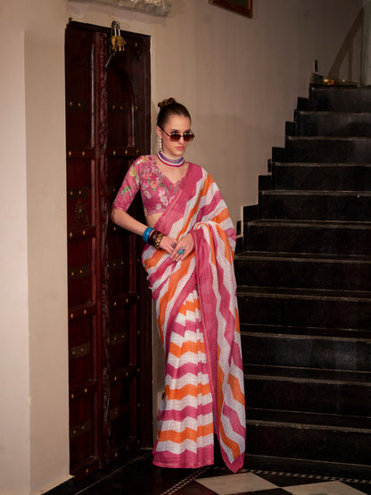 Pink &amp; Orange Wavy Print Linen Cotton Saree