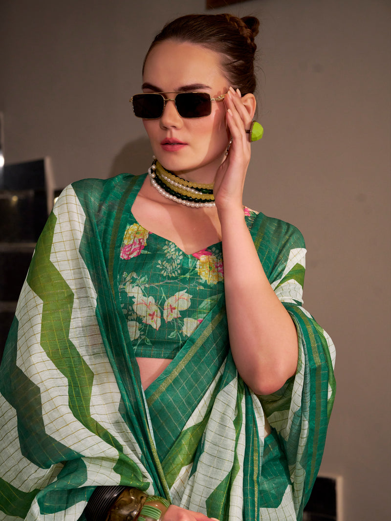 Green & White Wavy Print Linen Cotton Saree