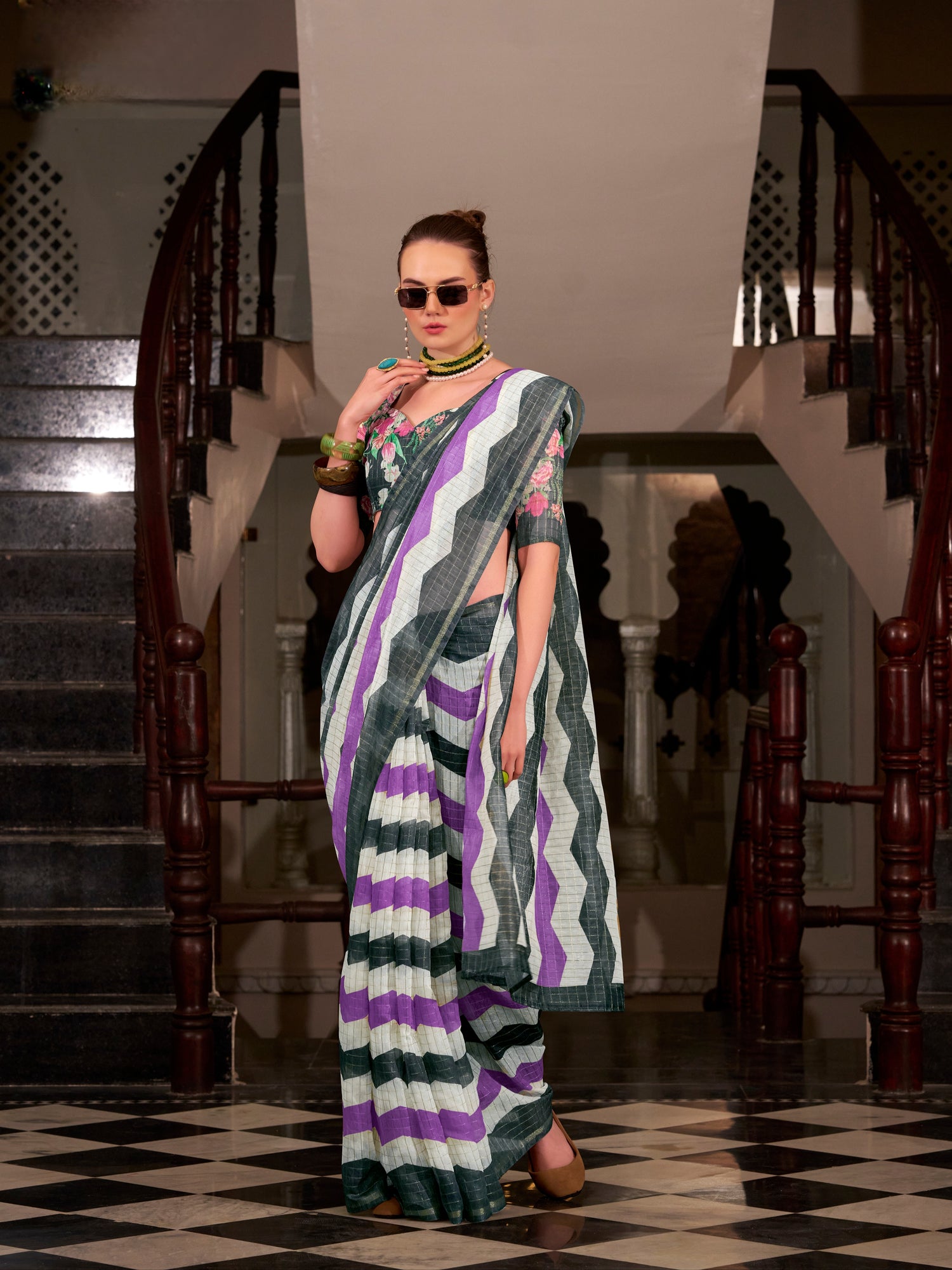 Grey &amp; Purple Wavy Print Linen Cotton Saree