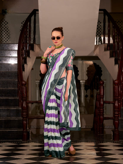 Grey &amp; Purple Wavy Print Linen Cotton Saree