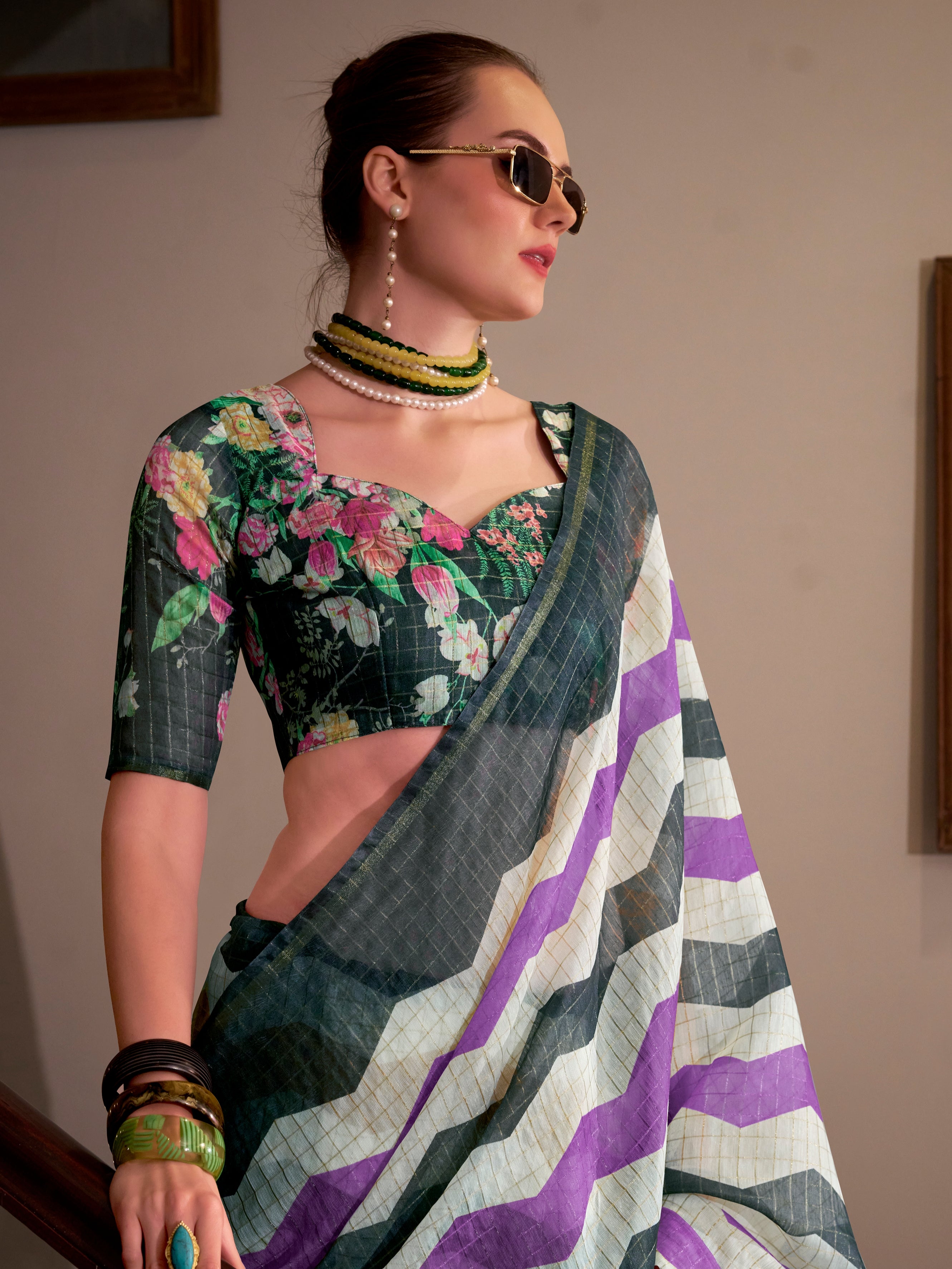 Grey &amp; Purple Wavy Print Linen Cotton Saree