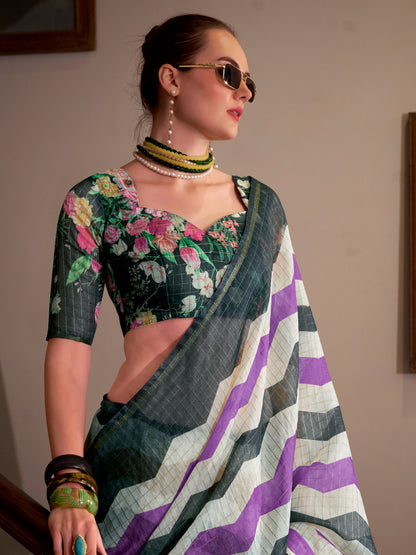 Grey &amp; Purple Wavy Print Linen Cotton Saree