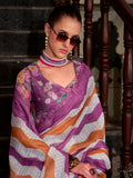 Purple & Orange Wavy Print Linen Cotton Saree