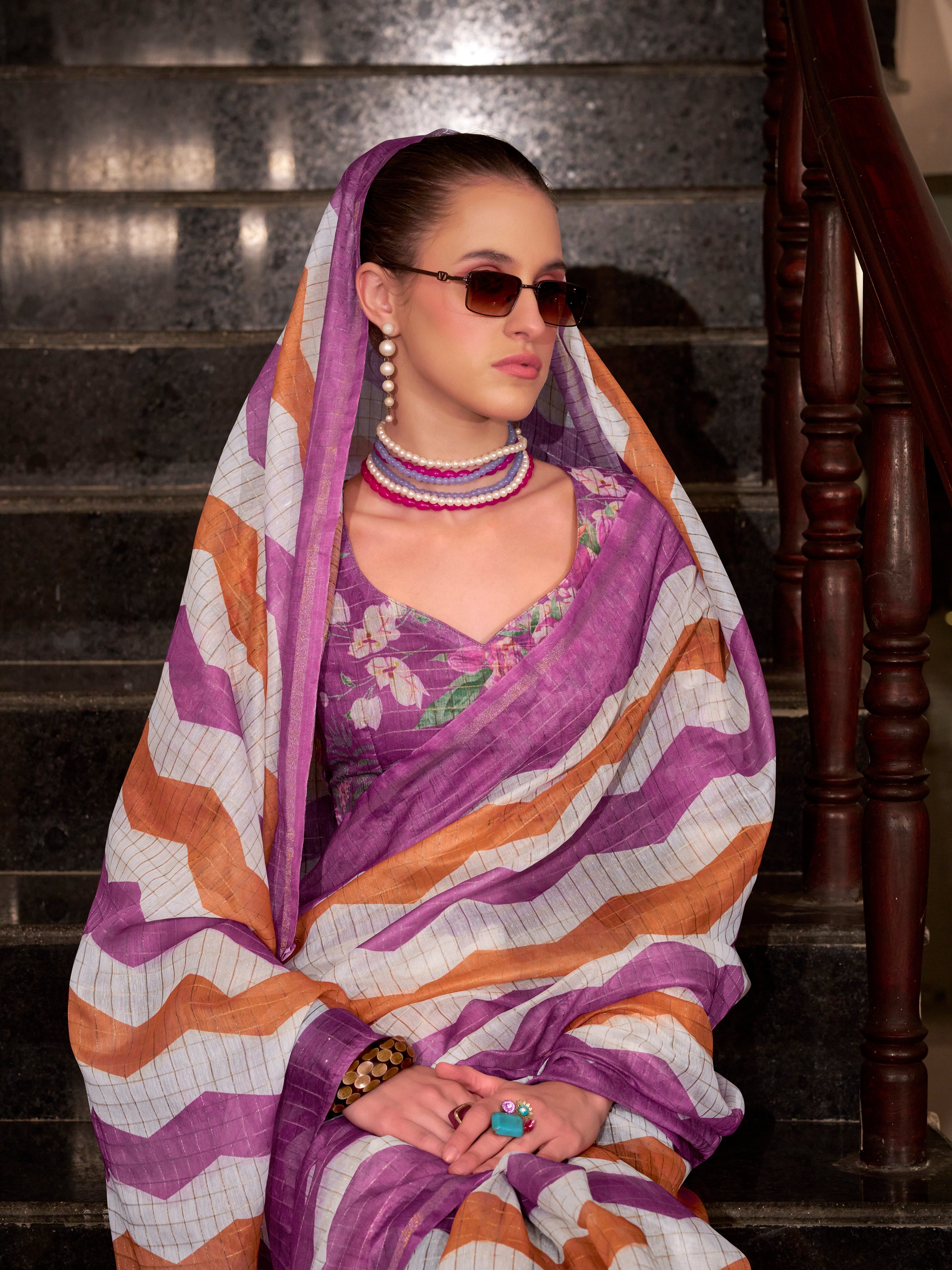 Purple & Orange Wavy Print Linen Cotton Saree