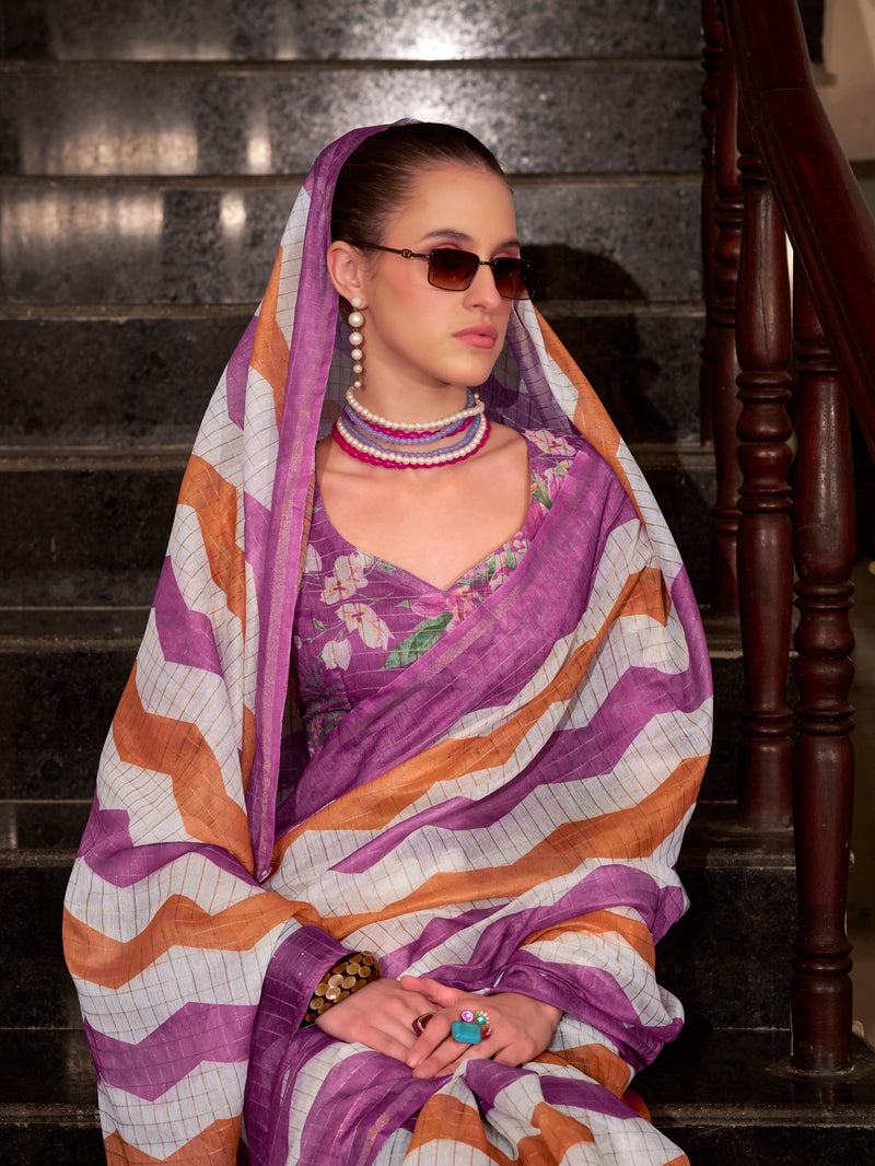 Purple & Orange Wavy Print Linen Cotton Saree