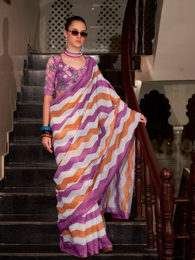 Purple & Orange Wavy Print Linen Cotton Saree